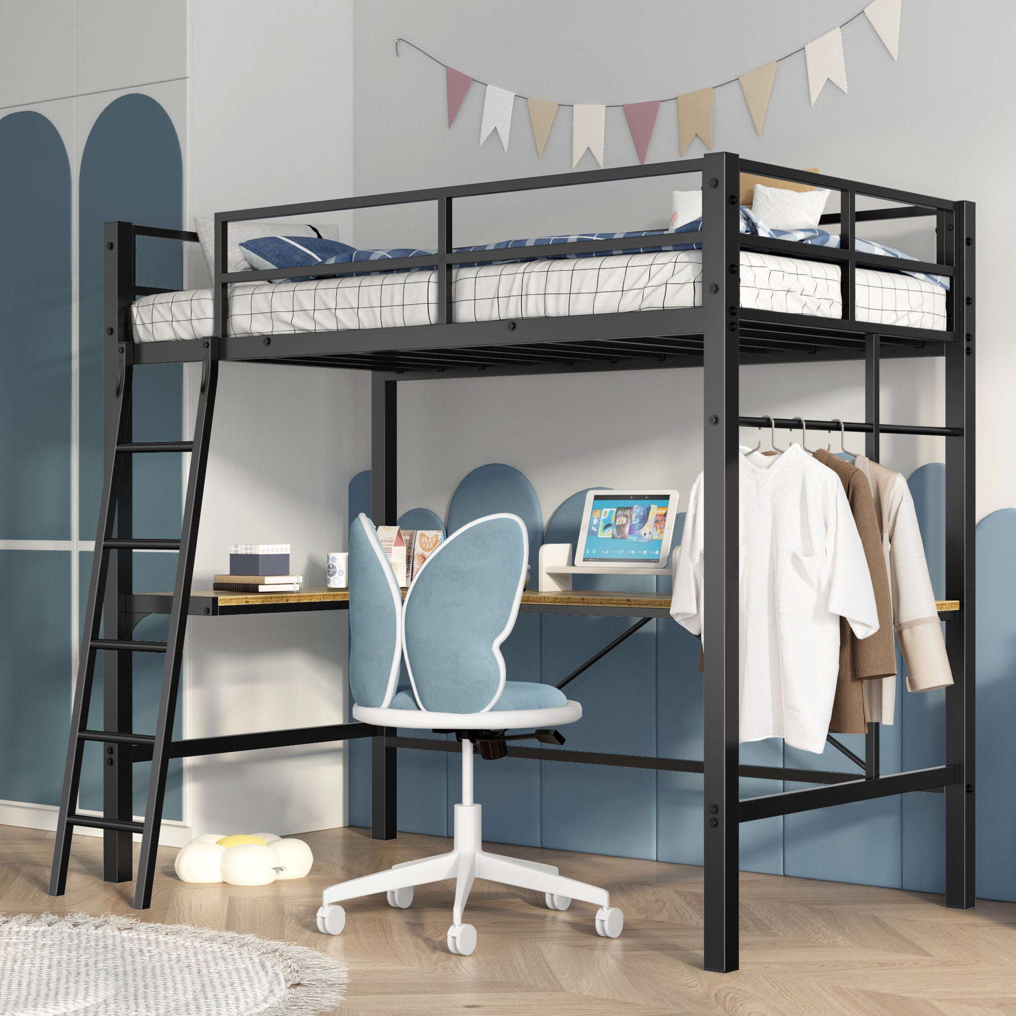 Twin Metal Loft Bed With L - Shaped Desk, Charging Station Loft Bed Frame Twin Size, Safety Guard & Ladder, No Box Spring Needed - Black