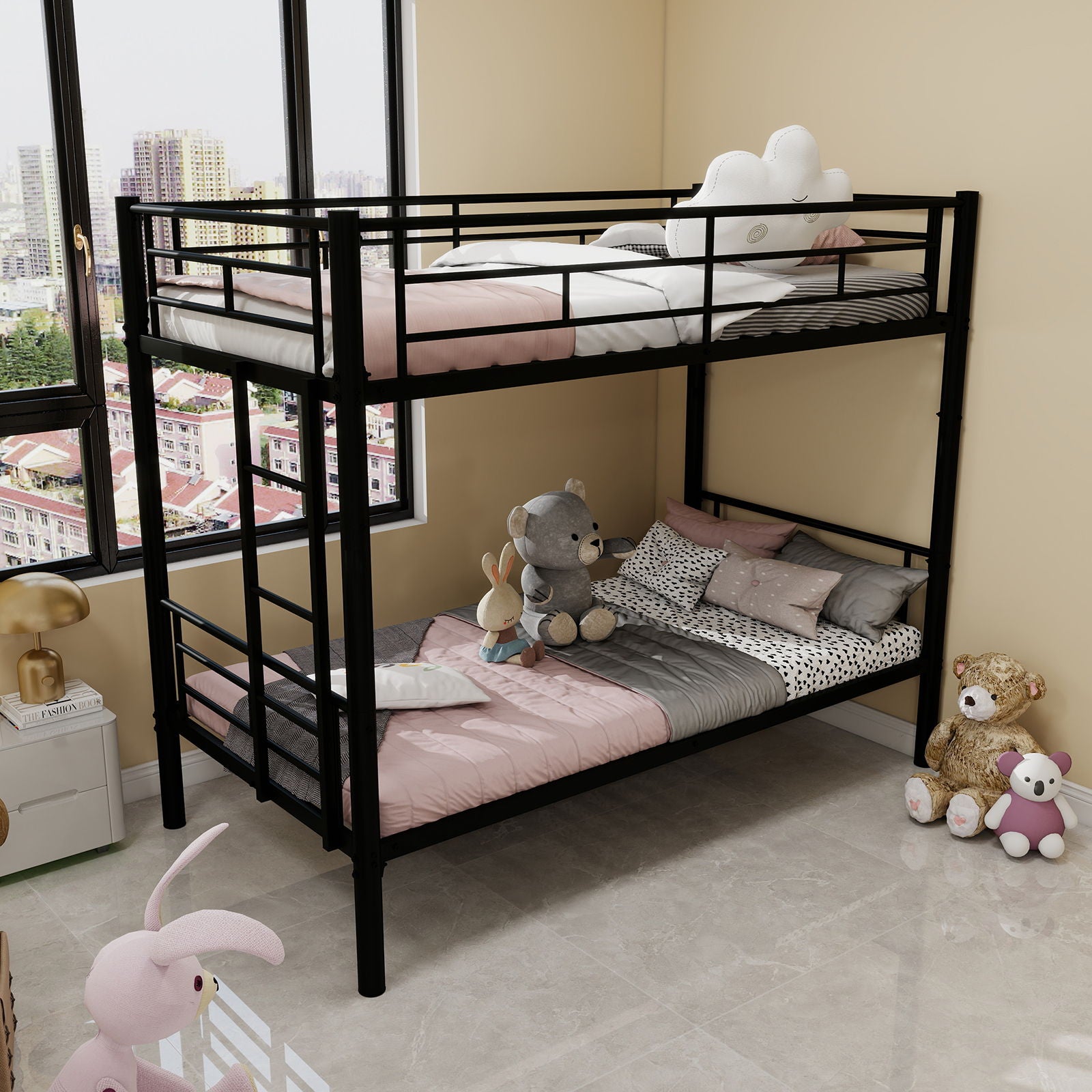 Metal Bunk Bed For Kids, Convertible Bedframe With Ladders & Guardrail