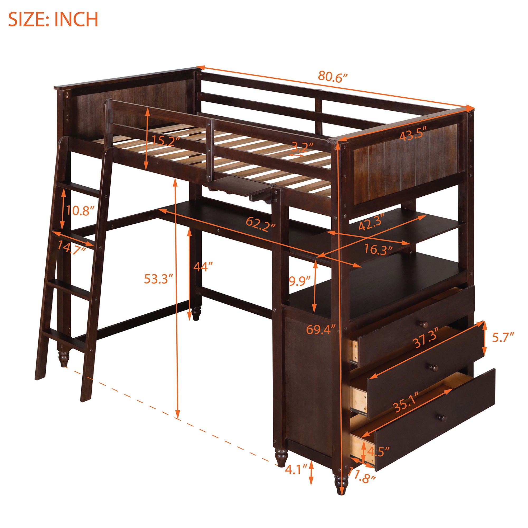 Loft Bed With Drawers With Desk And Shelves