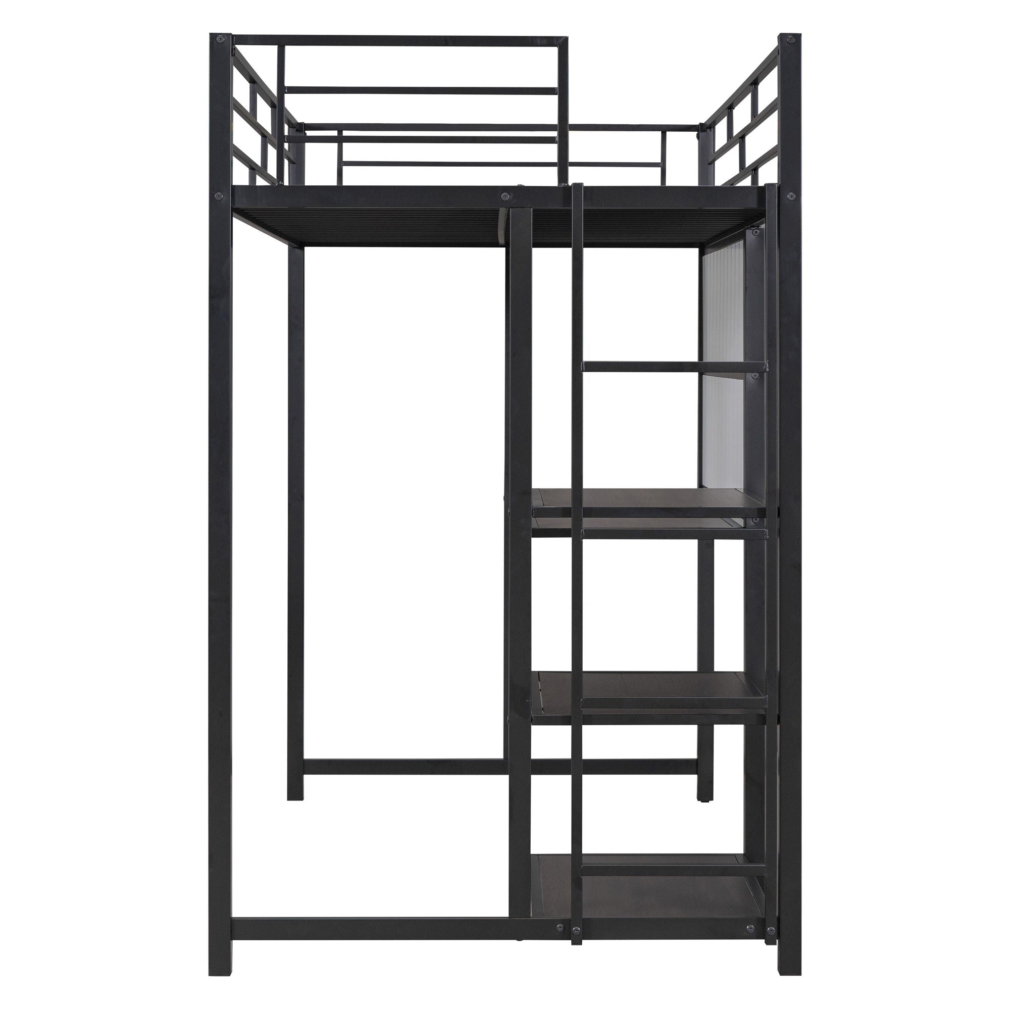 Metal Loft Bed With Desk, 3 Shelves And Ladder