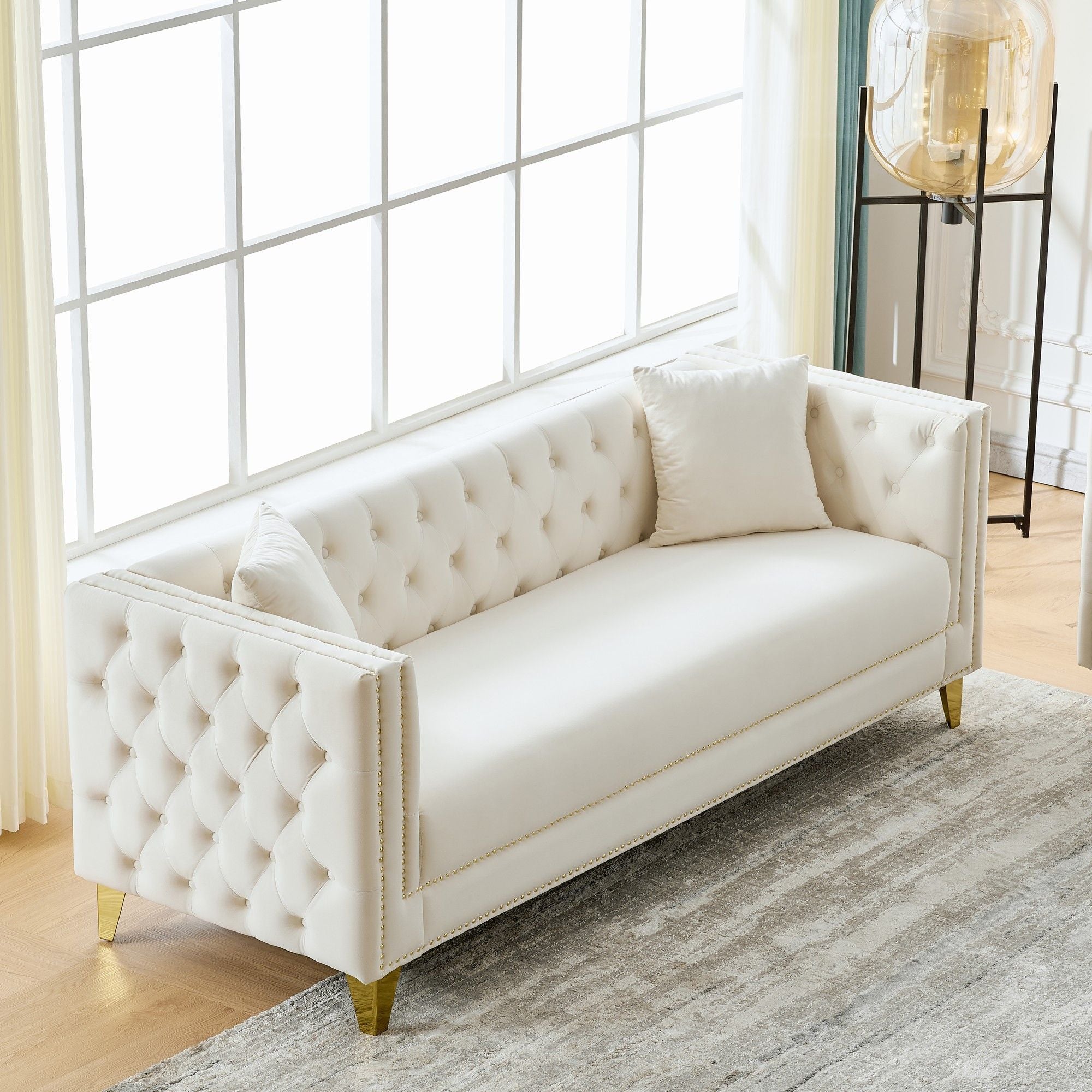 3 Seater Deep Seat Sofa, Sofa With Button Nailhead, Square Arm