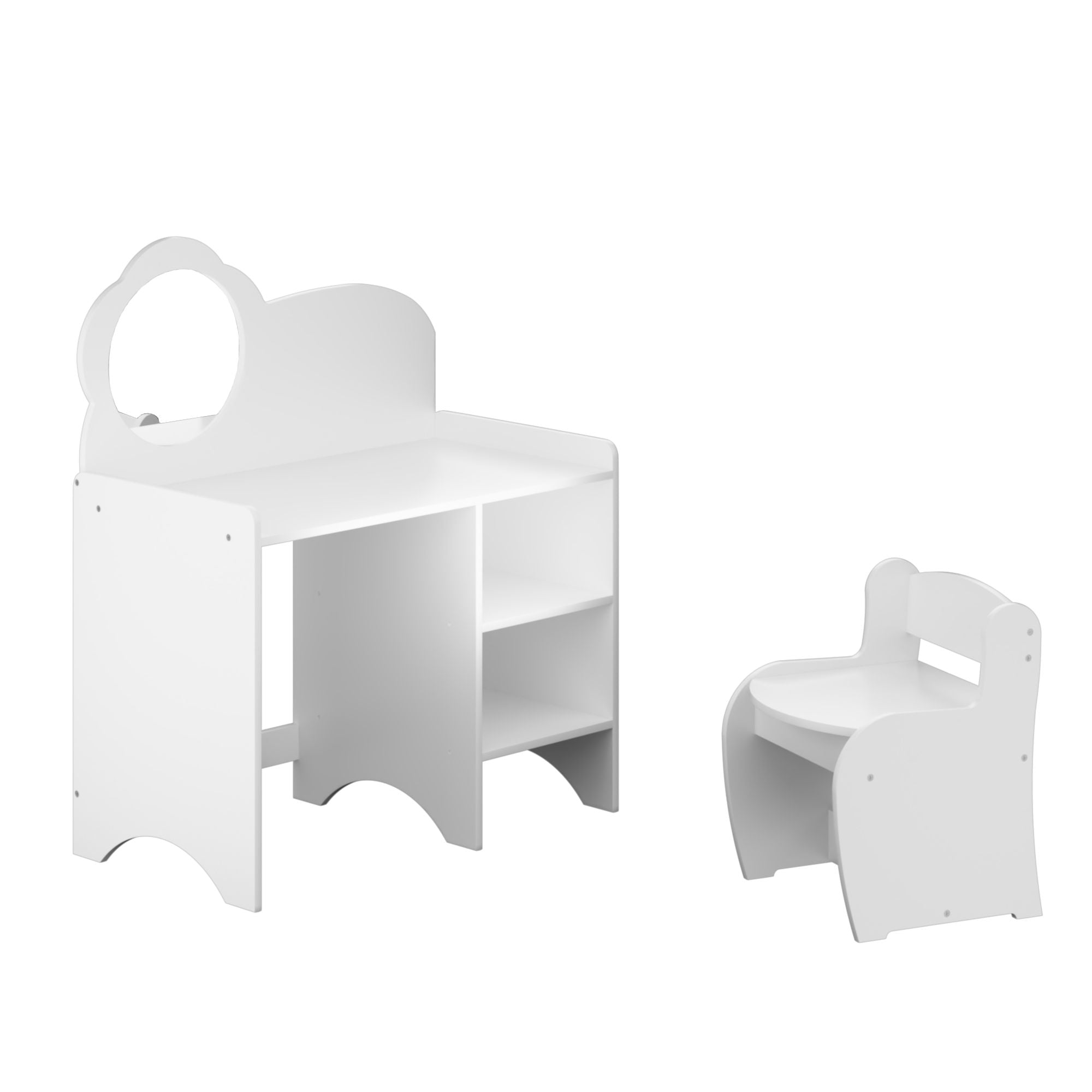 Kids Vanity Table With Mirror And Chair, Dressing Makeup Desk With Storage Shelves - White