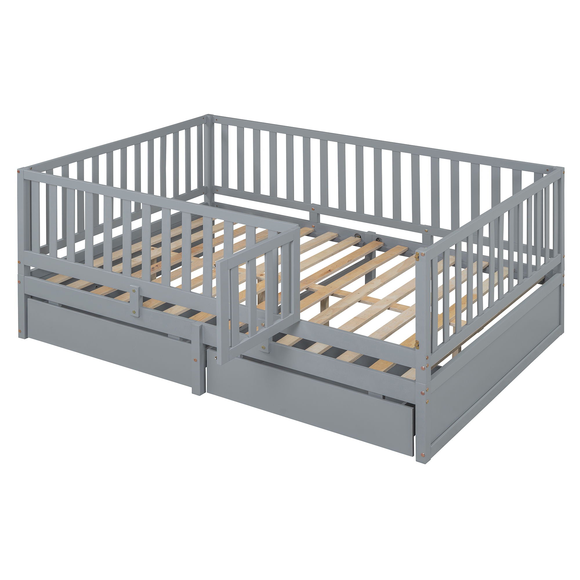 Daybed With Fence Guardrails And 2 Drawers, Split Into Independent Floor Bed & Daybed