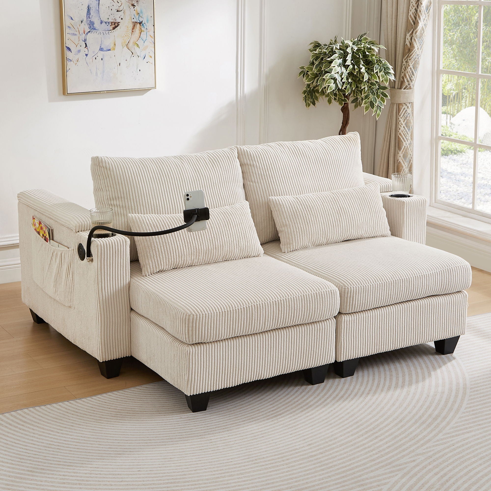 Convertible Chaise Lounge Sofa Chair With USB Ports, Cup Holders, Phone Holder And Storage
