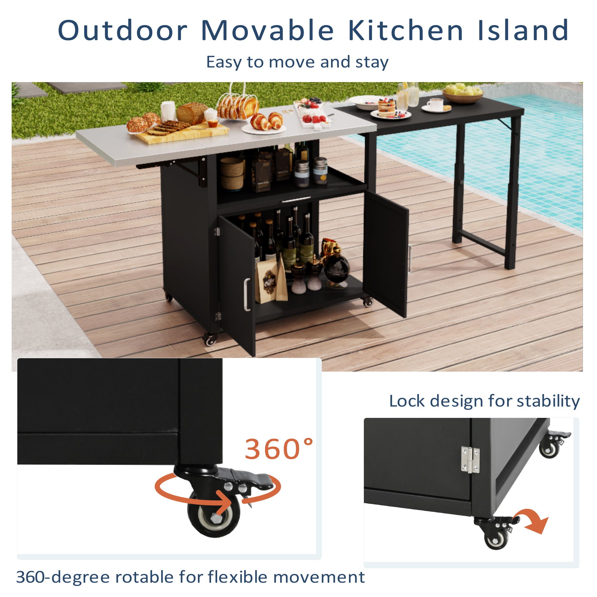 Versatile Outdoor Cabinet With Folding & Expandable Work Surfaces, Ample Storage Space, And Lockable Wheels - Matte Black