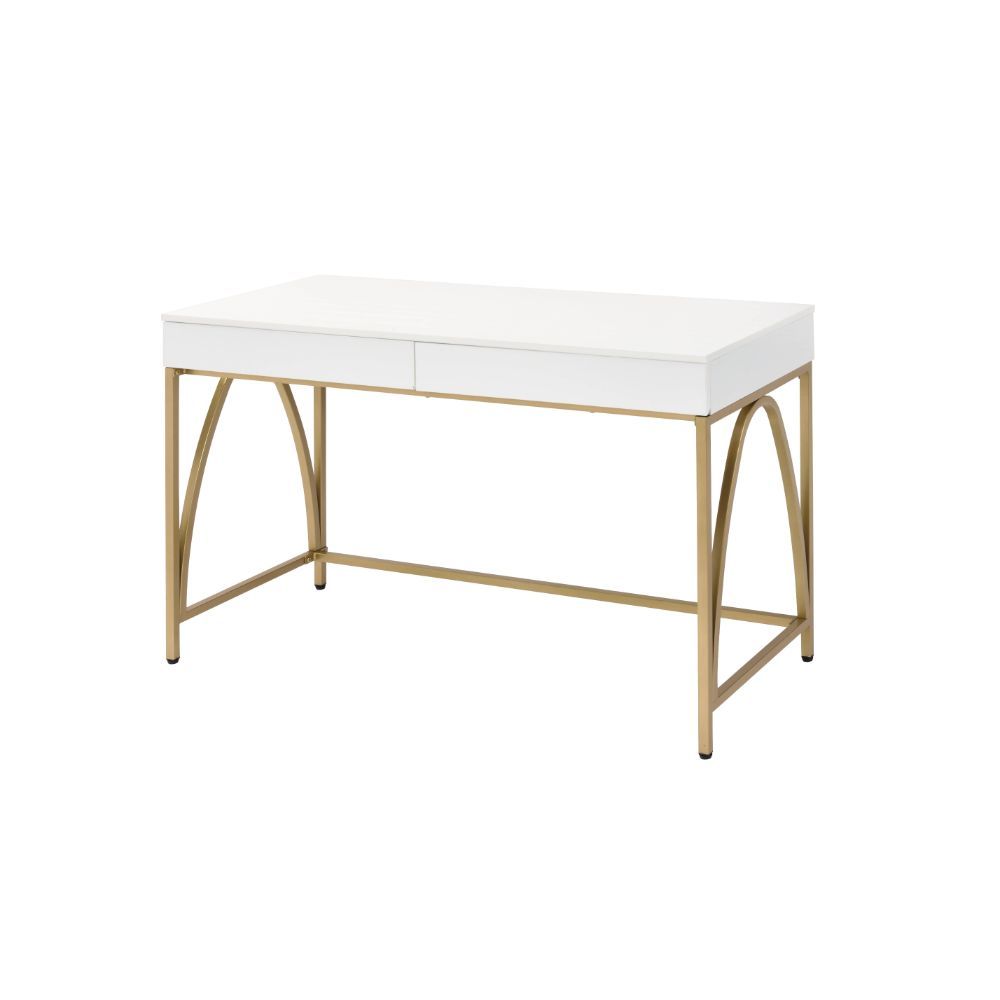 ACME Lightmane - Desk - White High Gloss & Gold | Meri Furniture