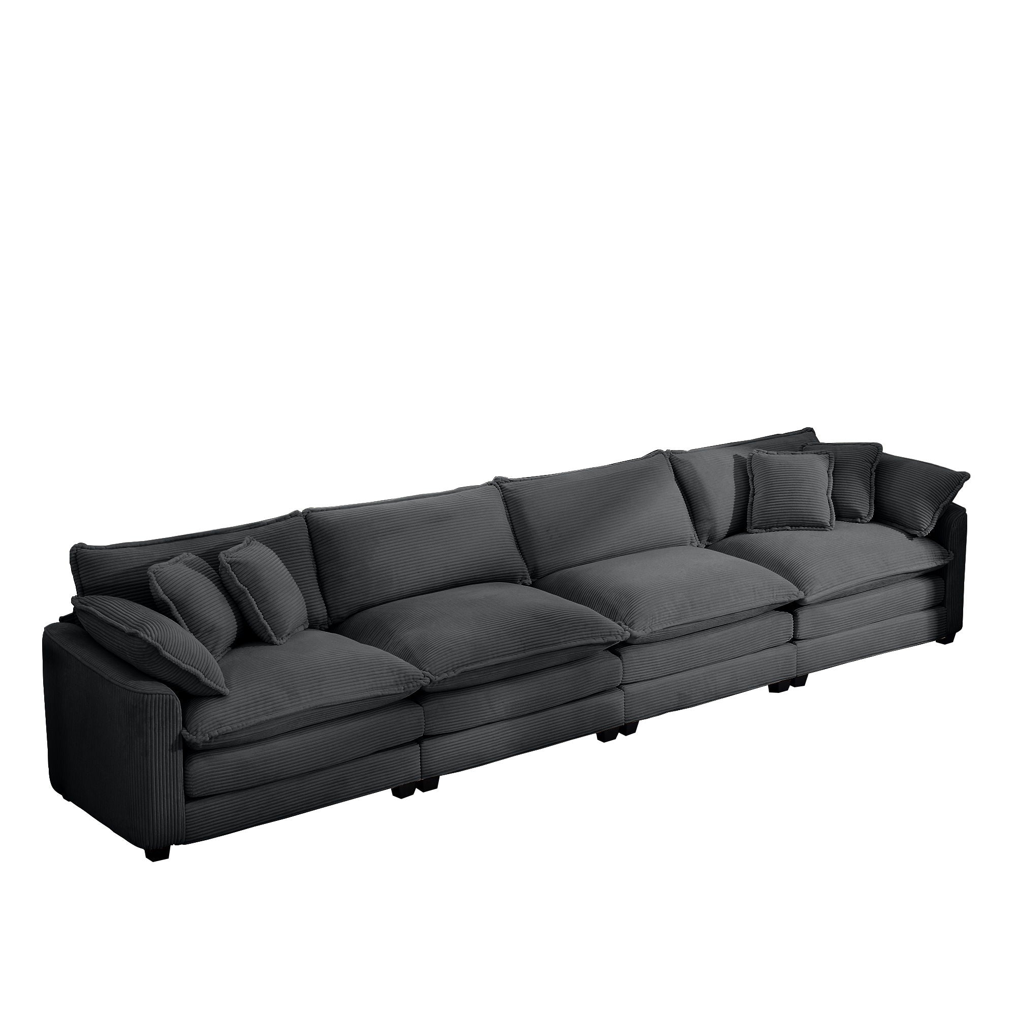 Modern Upholstered 4 Seater Corduroy Fabric Sofa With Arm And Throw Pillows