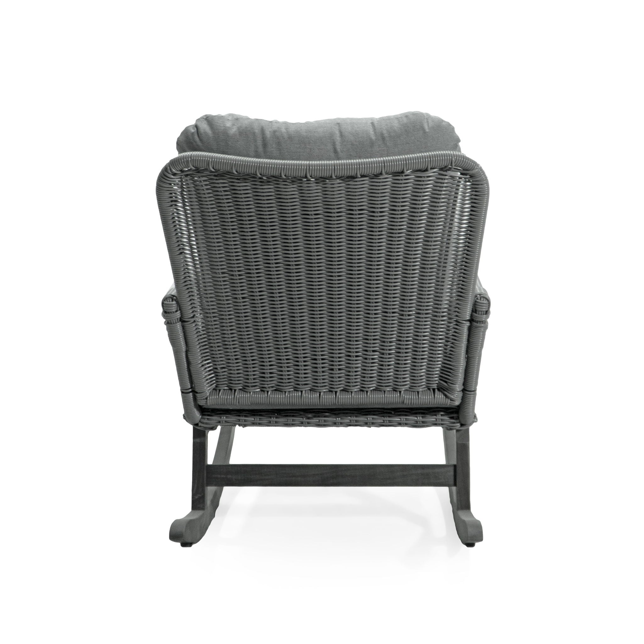 Modern 3 Piece Outdoor Seating Set With Cushioned Rattan Rocking Chairs And Wooden Accent Table