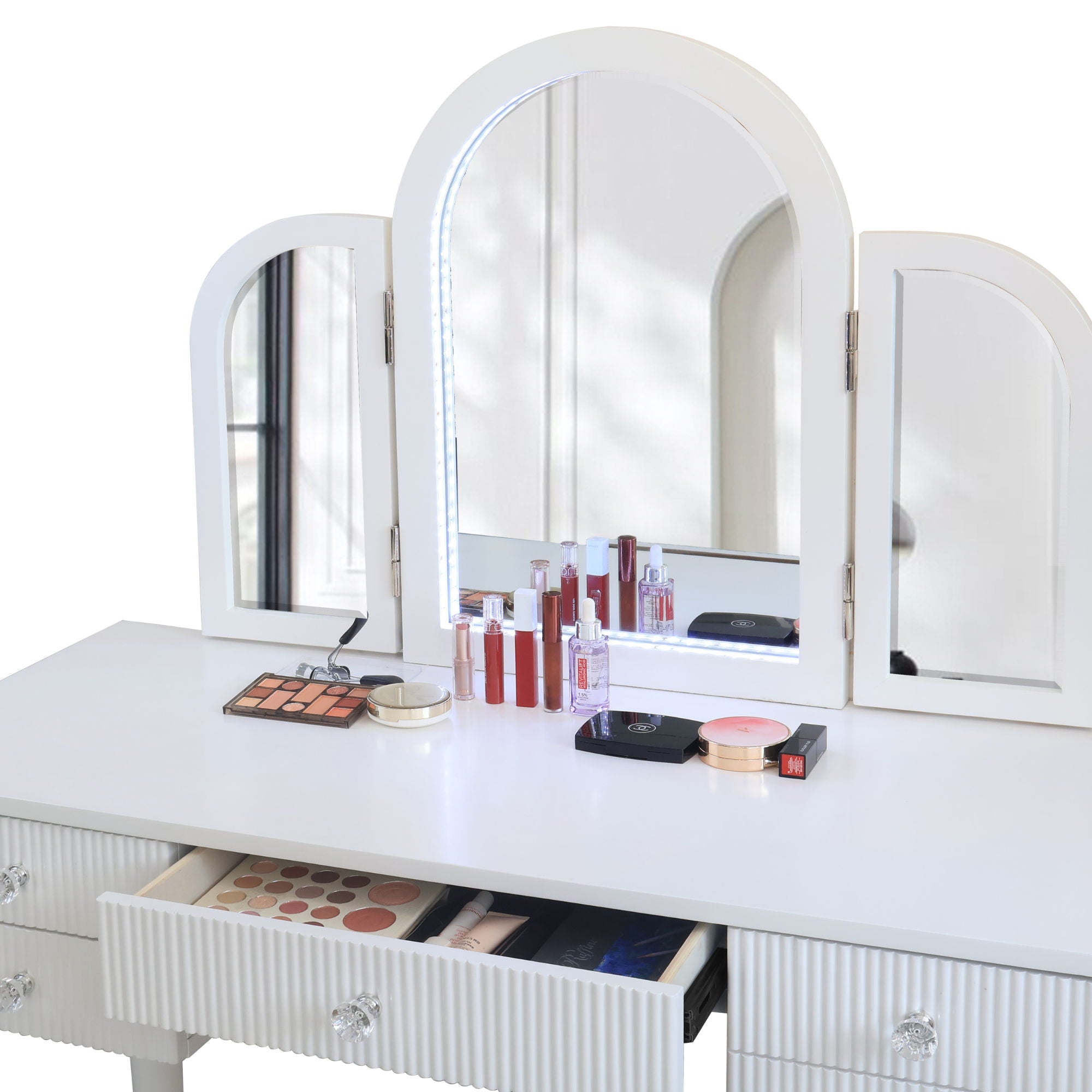 Mirrored Makeup Vanity Table Set With Adjustable Lighting And Storage