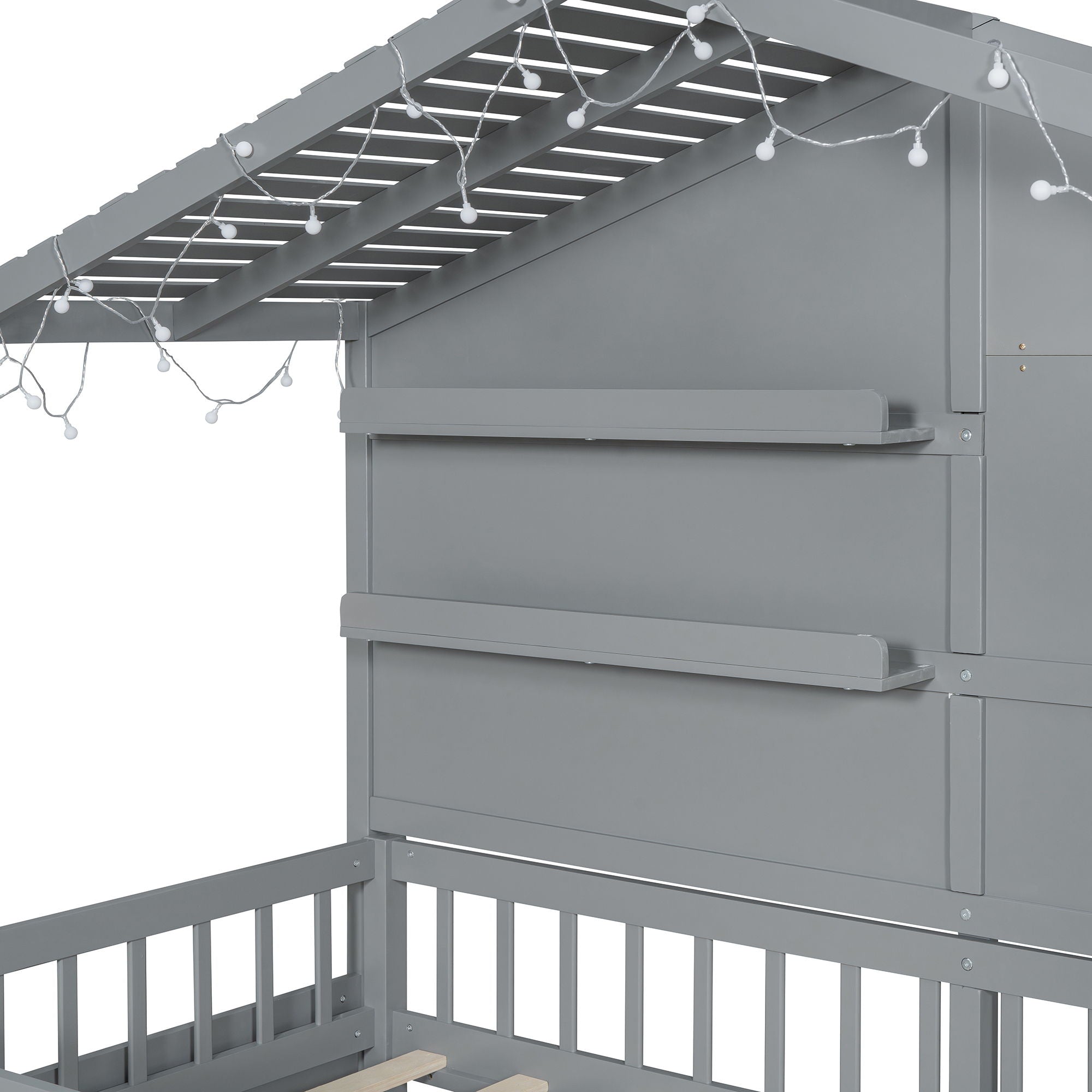 House Bed With Shelves, Window And Sparkling Light Strip On The Roof