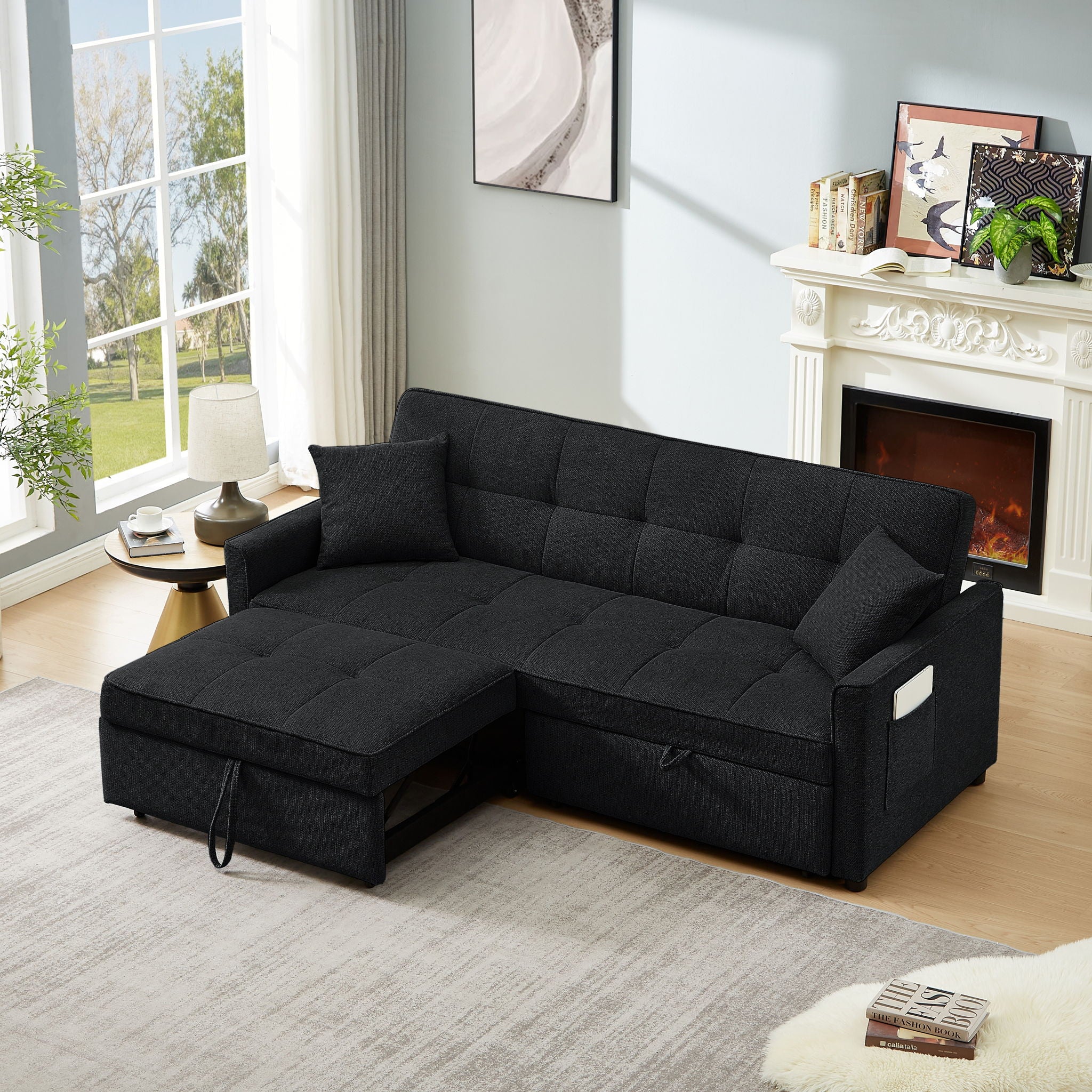 3 In 1 Convertible Sleeper Sofa Bed, Reclining Backrest, Pillows, Pockets