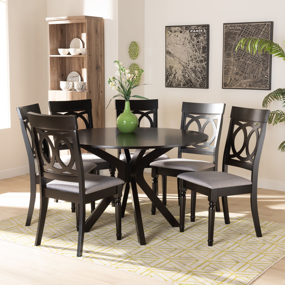 Jessie Modern and Contemporary Grey Fabric Upholstered and Dark Brown Finished Wood 7-Piece Dining Set