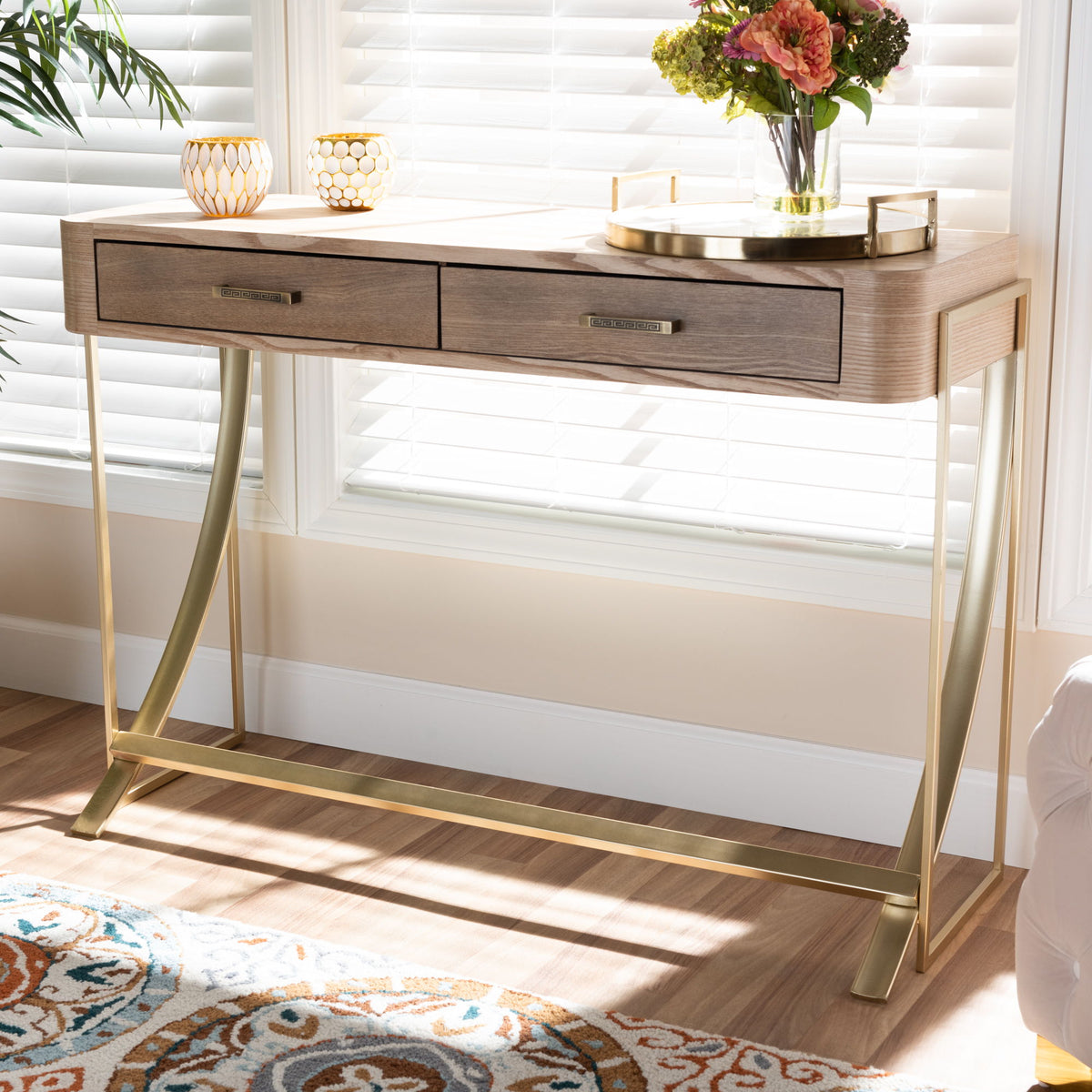 Lafoy Modern and Contemporary Natural Brown Finished Wood and Gold Finished 2-Drawer Console Table