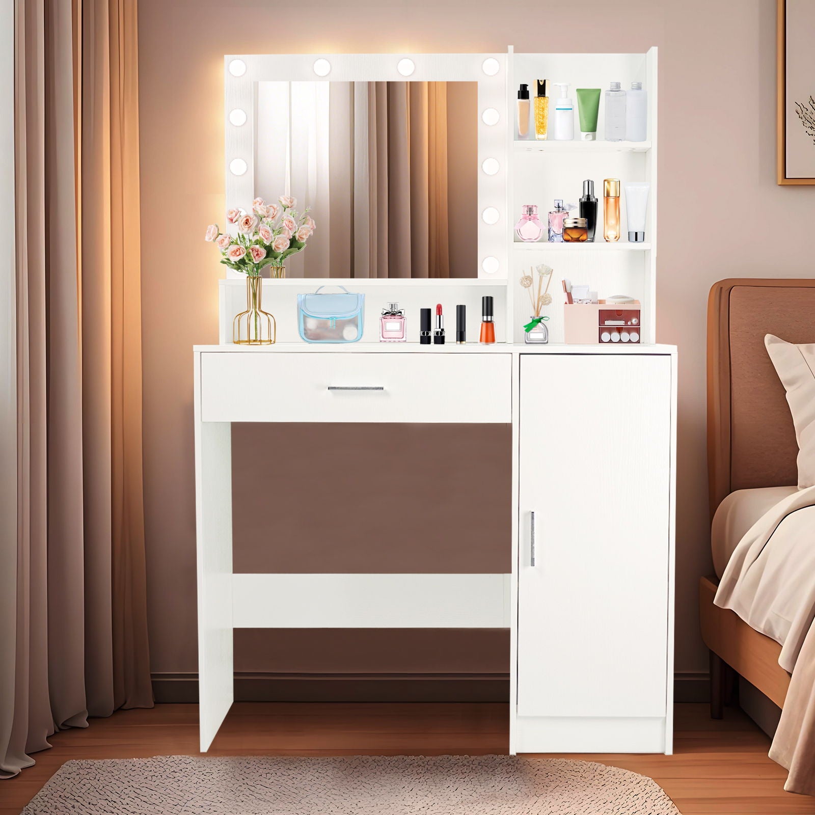 Vanity Desk With Mirror And Adjustable LED Lights, 3 Lighting Modes, Drawer And Storage Cabinet - White