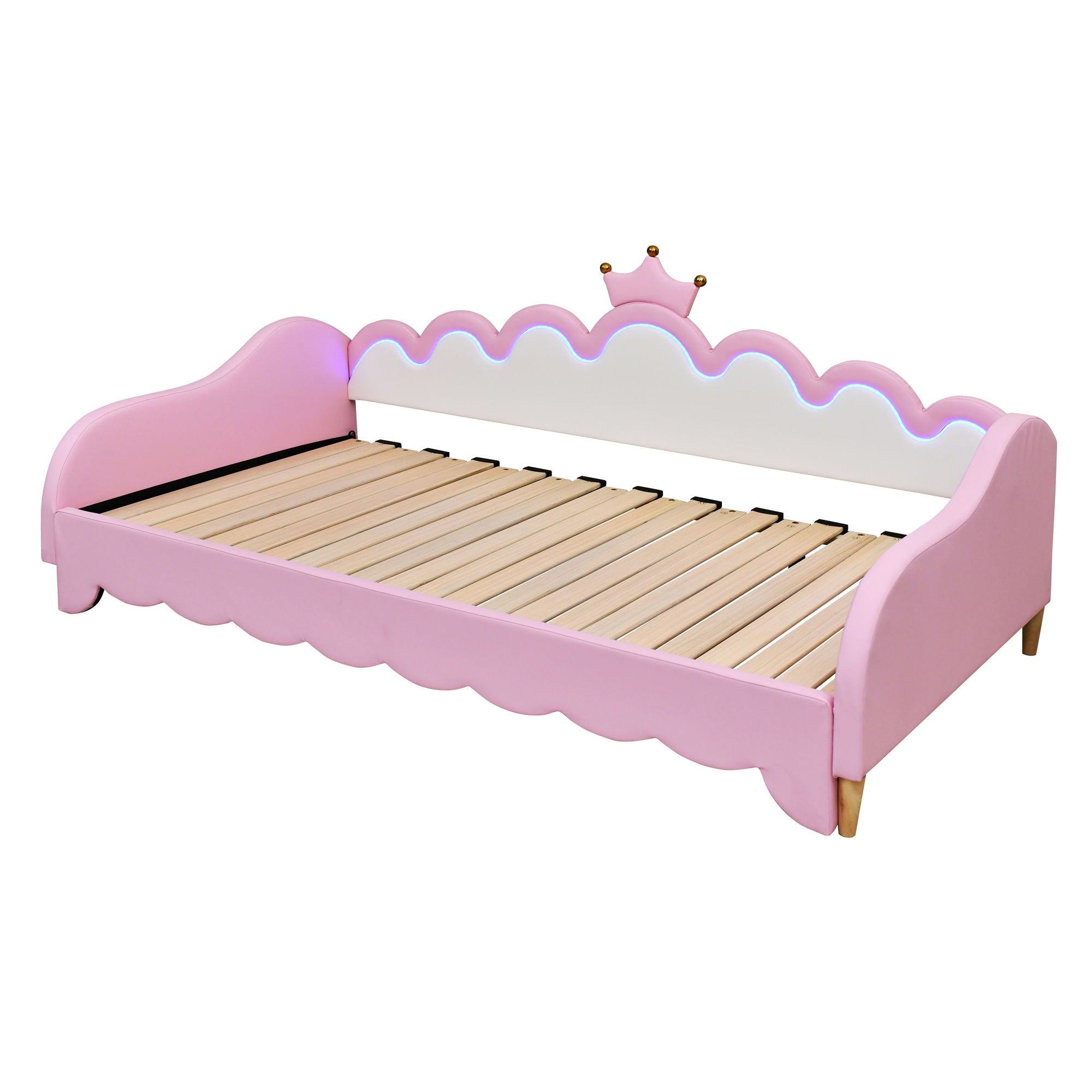 Extending Daybed With LED Lights, Modern Upholstered Princess Daybed With Crown Headboard