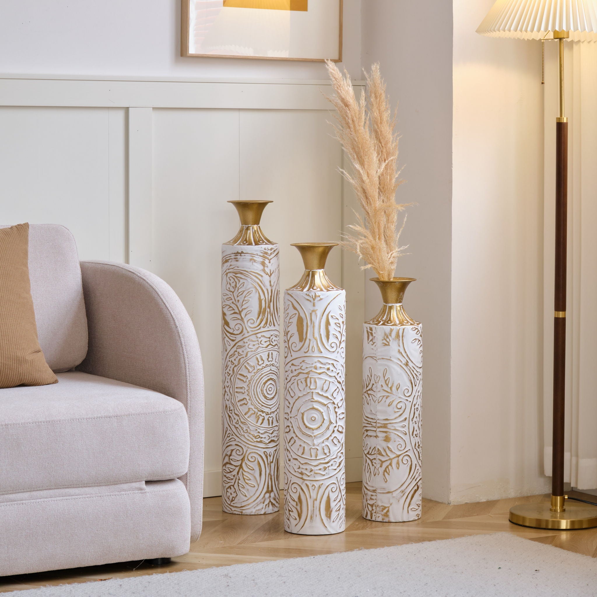 Floor Metal Vases Decorated Metal Vases (Set of 3) Gorgeous Home Decoration Large Glazed Metal Vases - White / Gold