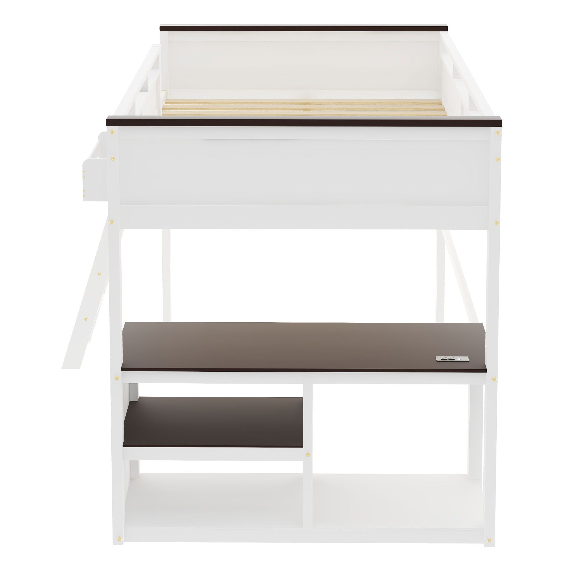Queen Size Loft Bed With Desk, Open Shelf, Storage Box And USB Charging Station - White