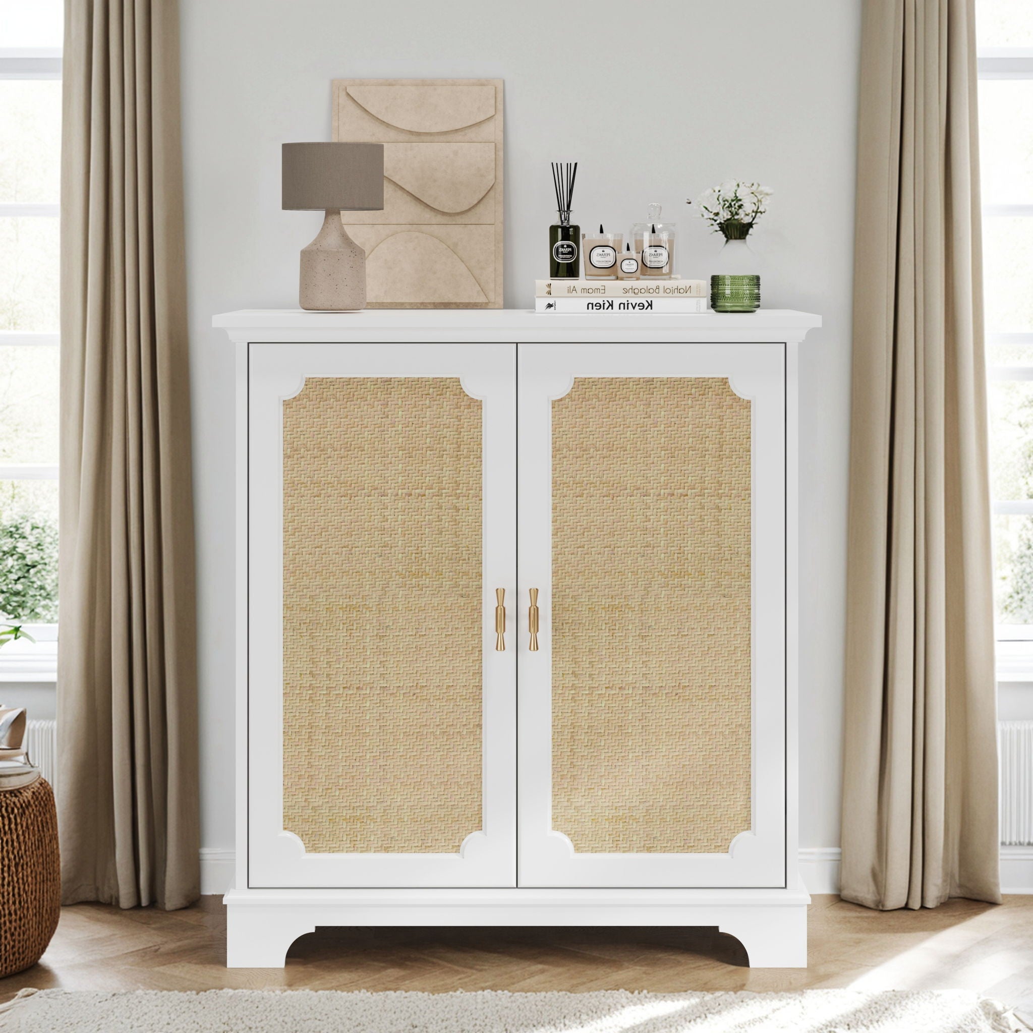 Rattan Decorated Sideboard Buffet Storage Liquor Cabinet - White