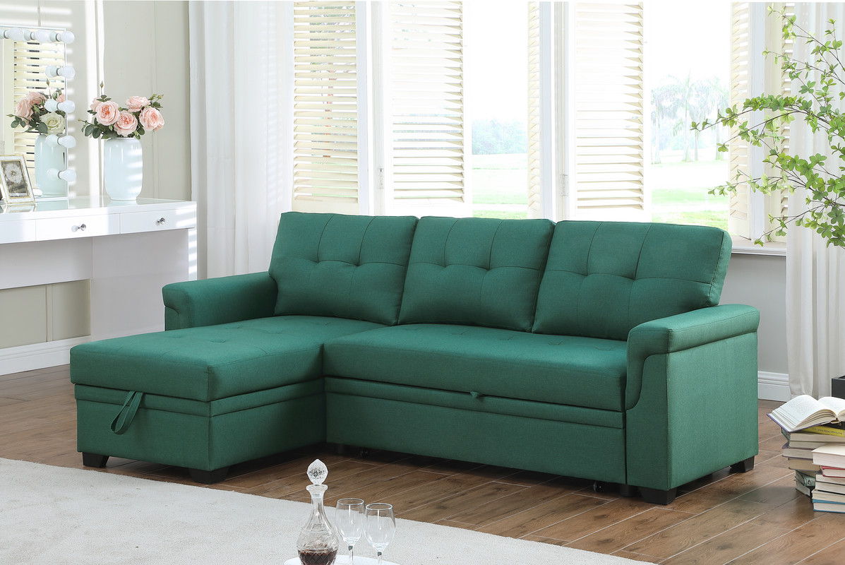Lucca 84"W Green Linen Reversible Sleeper Sectional Sofa with Storage Chaise