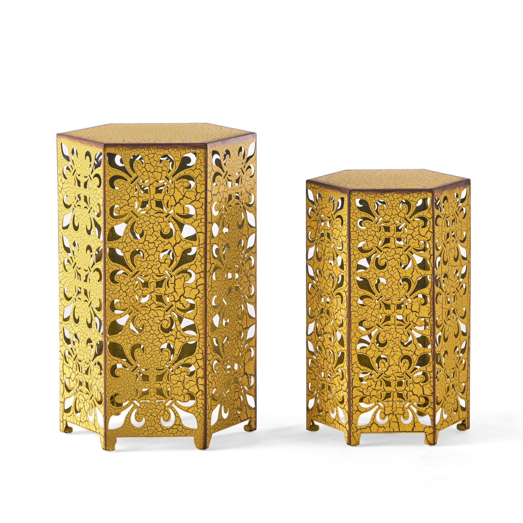 Outdoor Hexagonal Accent Table Set With Charming Fleur De Lis Panel Sides - Antique Yellow