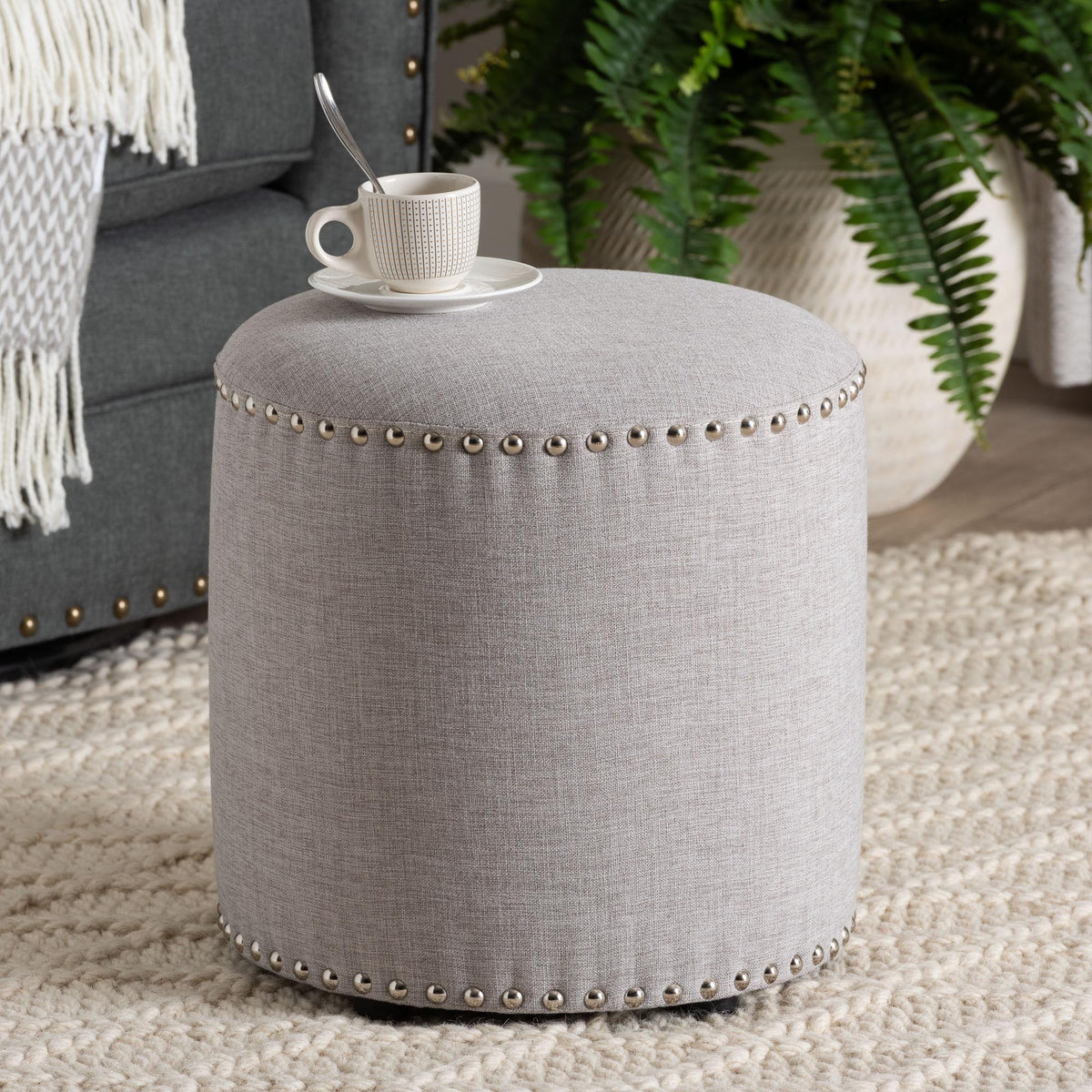 Rosine Modern and Contemporary Light Grey Fabric Upholstered Nail Trim Ottoman