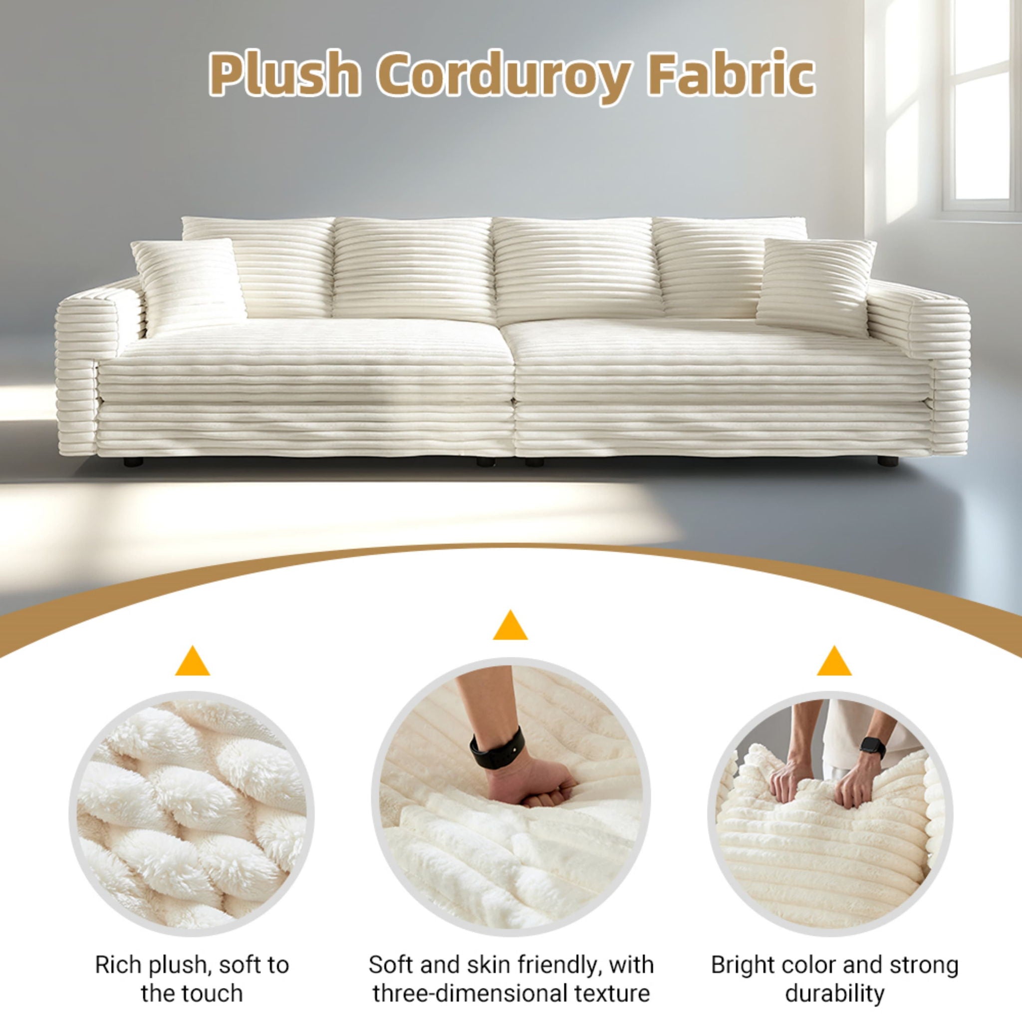 Plush Corduroy 4 Seat Sofa, Modern Comfy Upholstered Sofa Cloud Couch, Deep Seat Couches With Soft Pillows