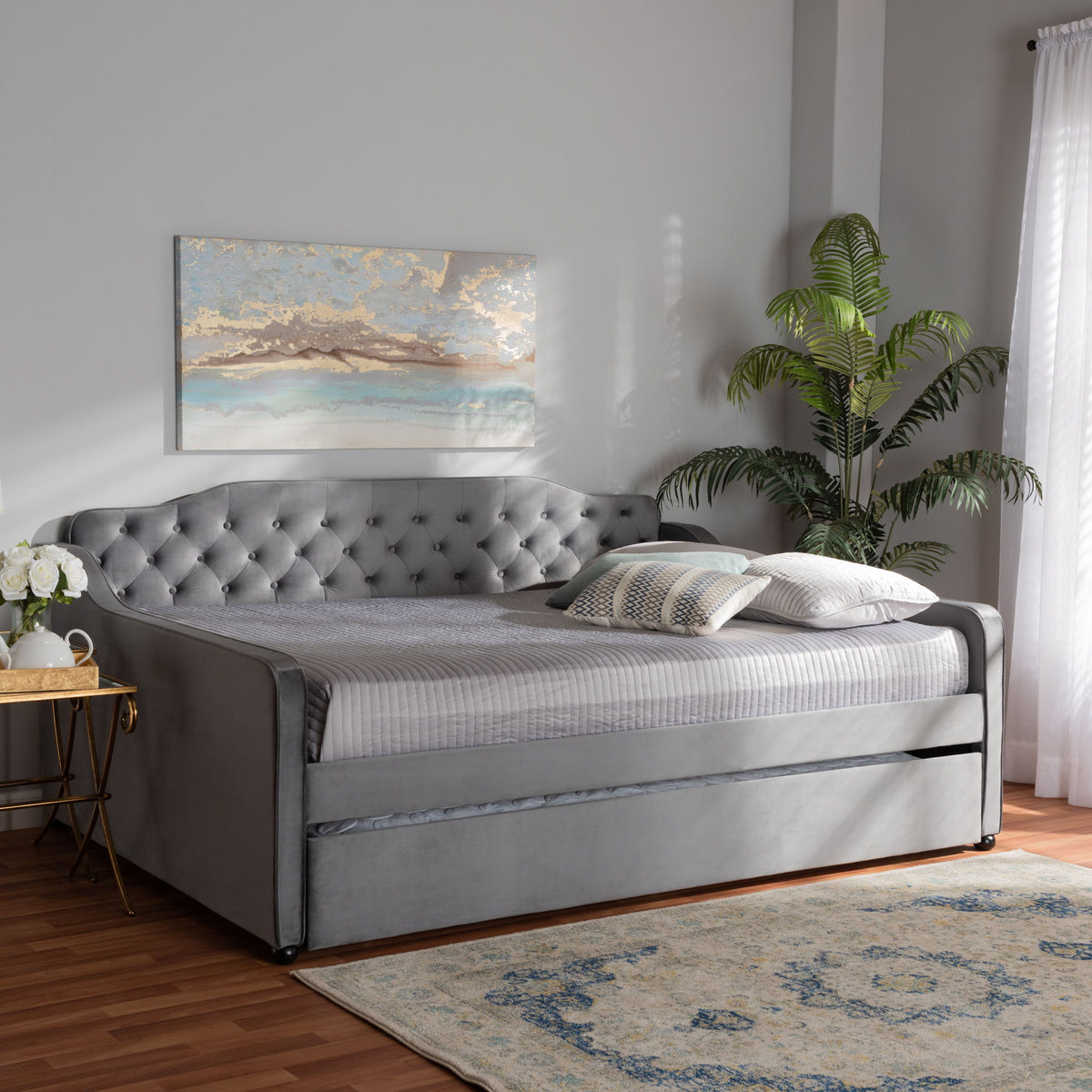 Freda Transitional and Contemporary Grey Velvet Fabric Upholstered and Button Tufted Queen Size Daybed with Trundle