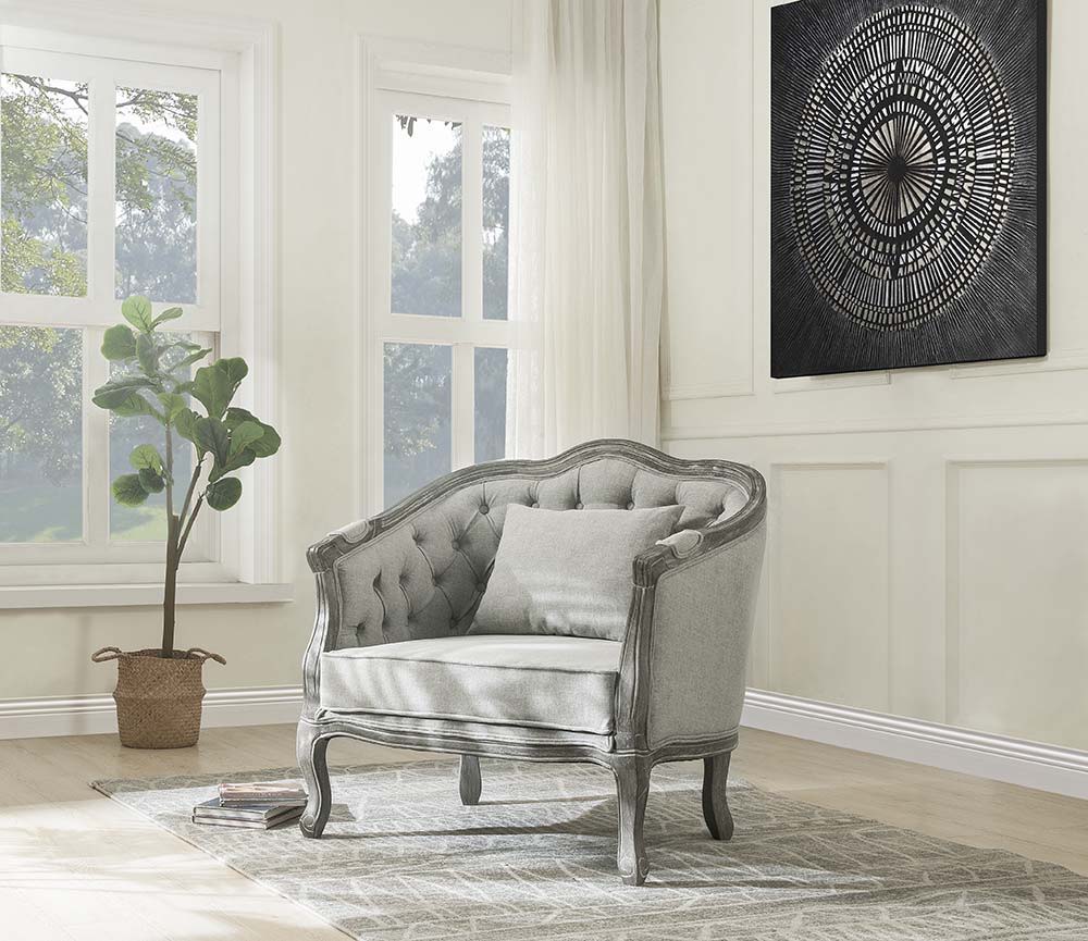 ACME With a nod to vintage French design, the Samael is a modern interpretation of a camel-back sofa is distinguished by its exposed, and beautifully carved, wooden frame that wraps you in comfort. | Meri Furniture