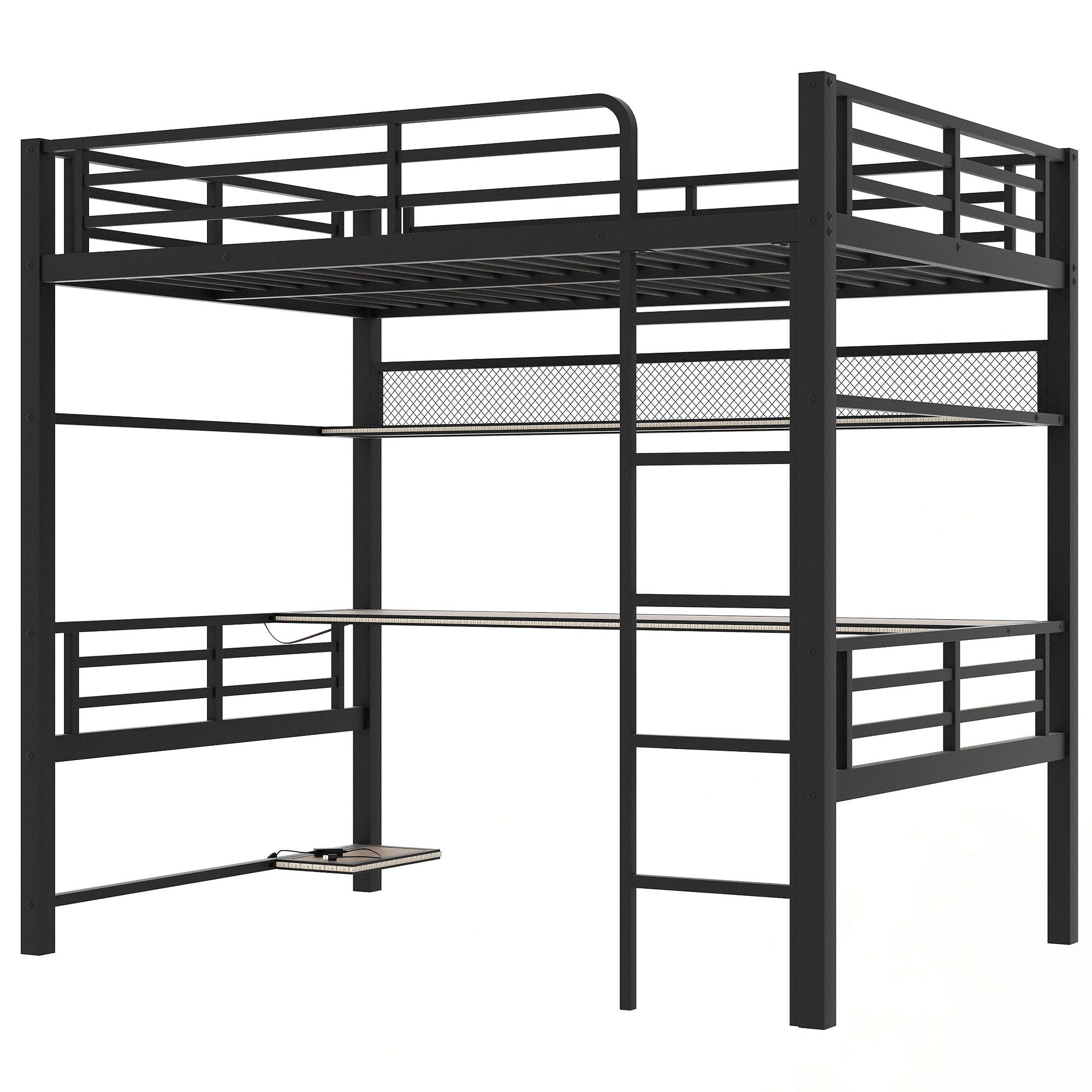 Full Size Loft Bed Frame With Storage Shelf And LED Light - Black
