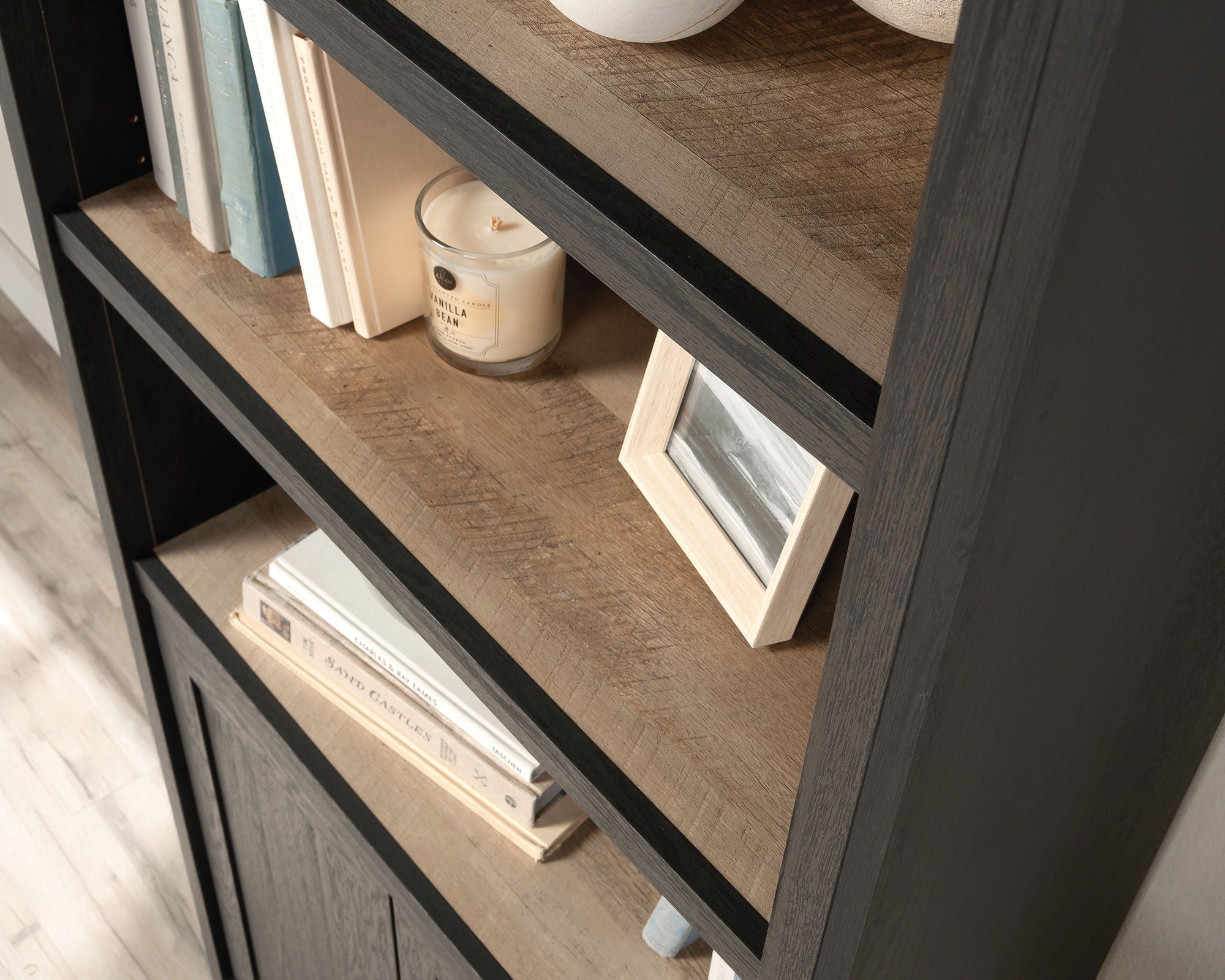 5-Shelf Library Bookcase with Doors in Raven Oak