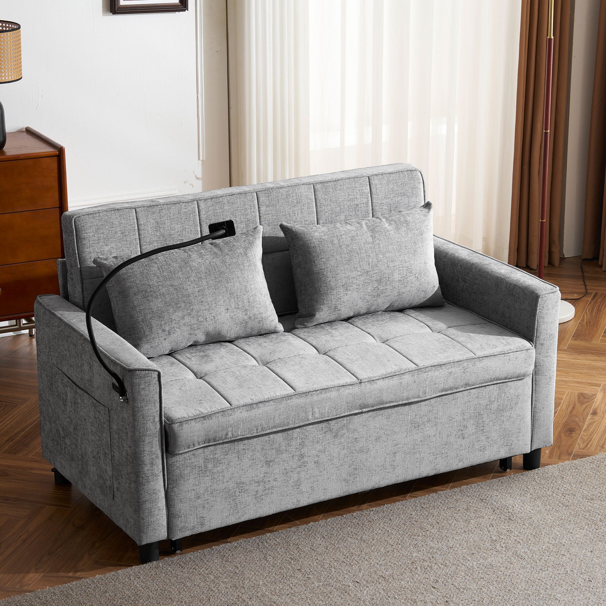 Pull-Out Sleeper Sofa With Reversible Backrest Cushion, Side Pockets, 2 USB Ports And A Phone Holder For Living Room