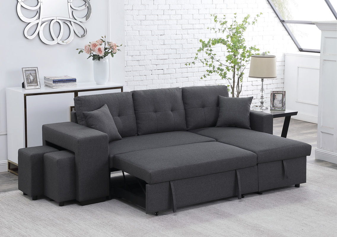 Dennis 93"W Dark Gray Linen Fabric Reversible Sleeper Sectional with Storage Chaise and 2 Stools