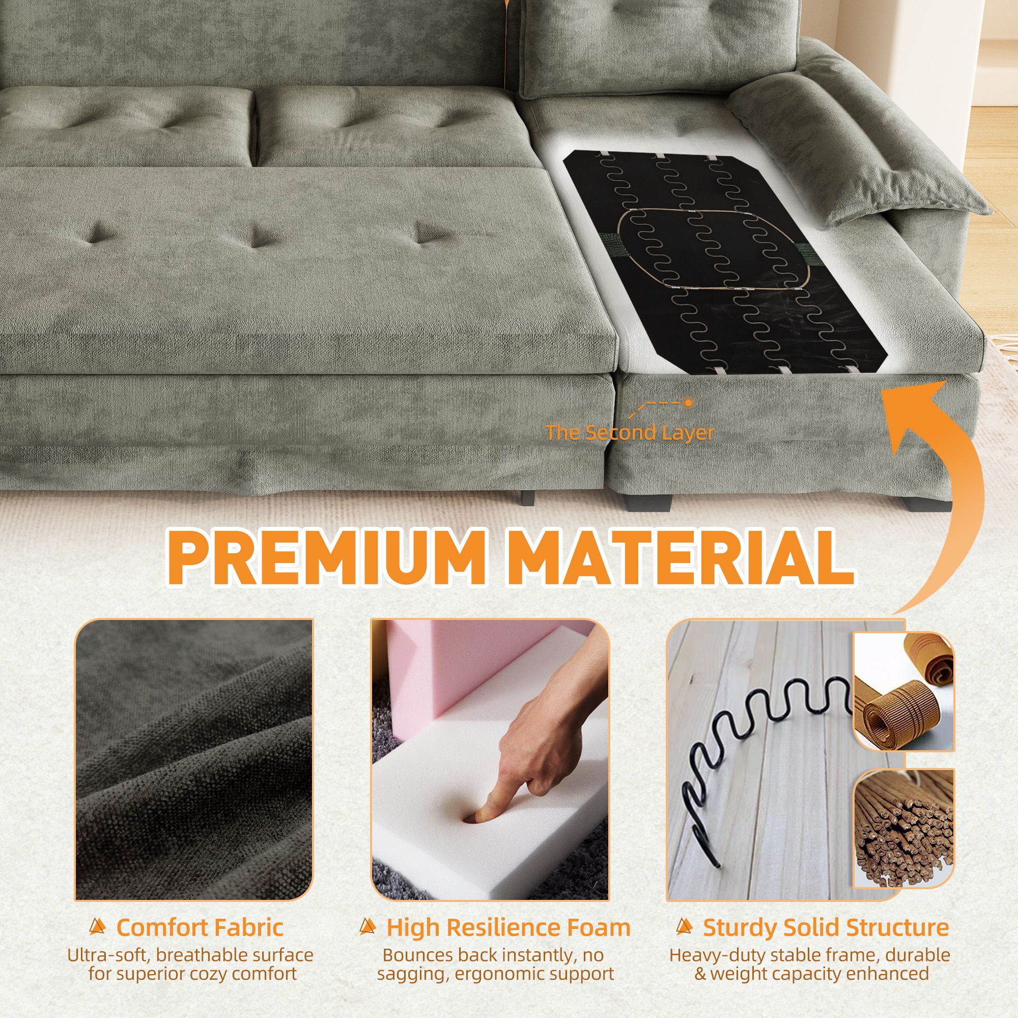 U-Shaped Sleeper Sofa With Pull Out Bed, Removable Armrests & USB Ports For Living Room