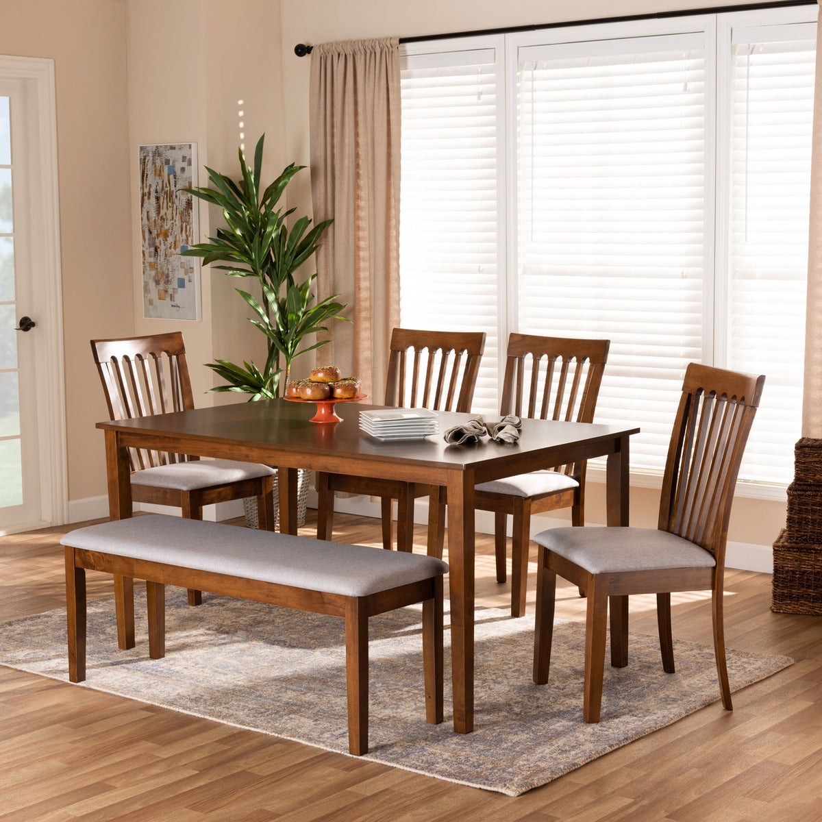 Minette Modern and Contemporary Grey Fabric Upholstered and Walnut Brown Finished Wood 6-Piece Dining Set