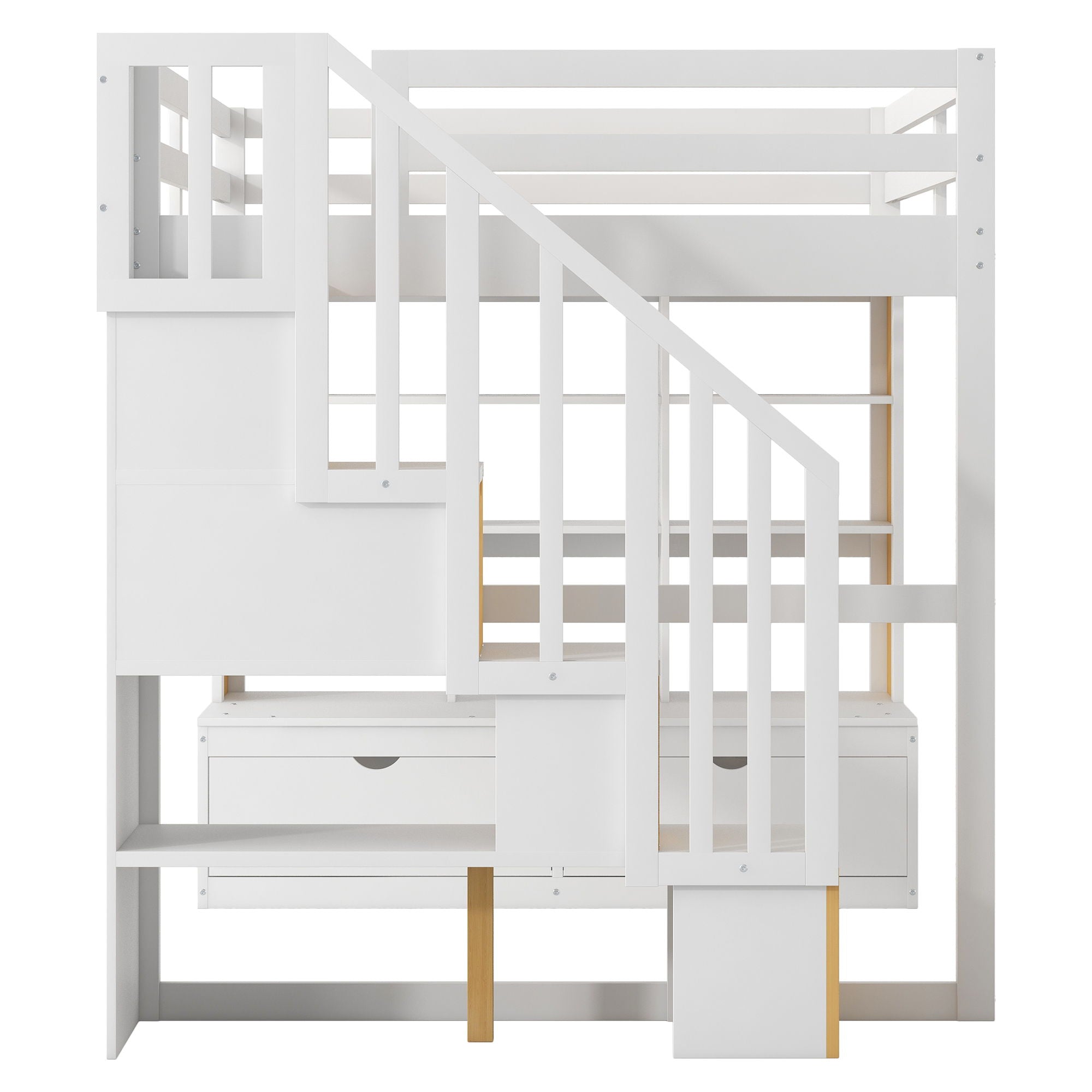 Full Size Loft Bed With Desk And Shelves, 2 Built In Drawers, Storage Staircase - Natural / White