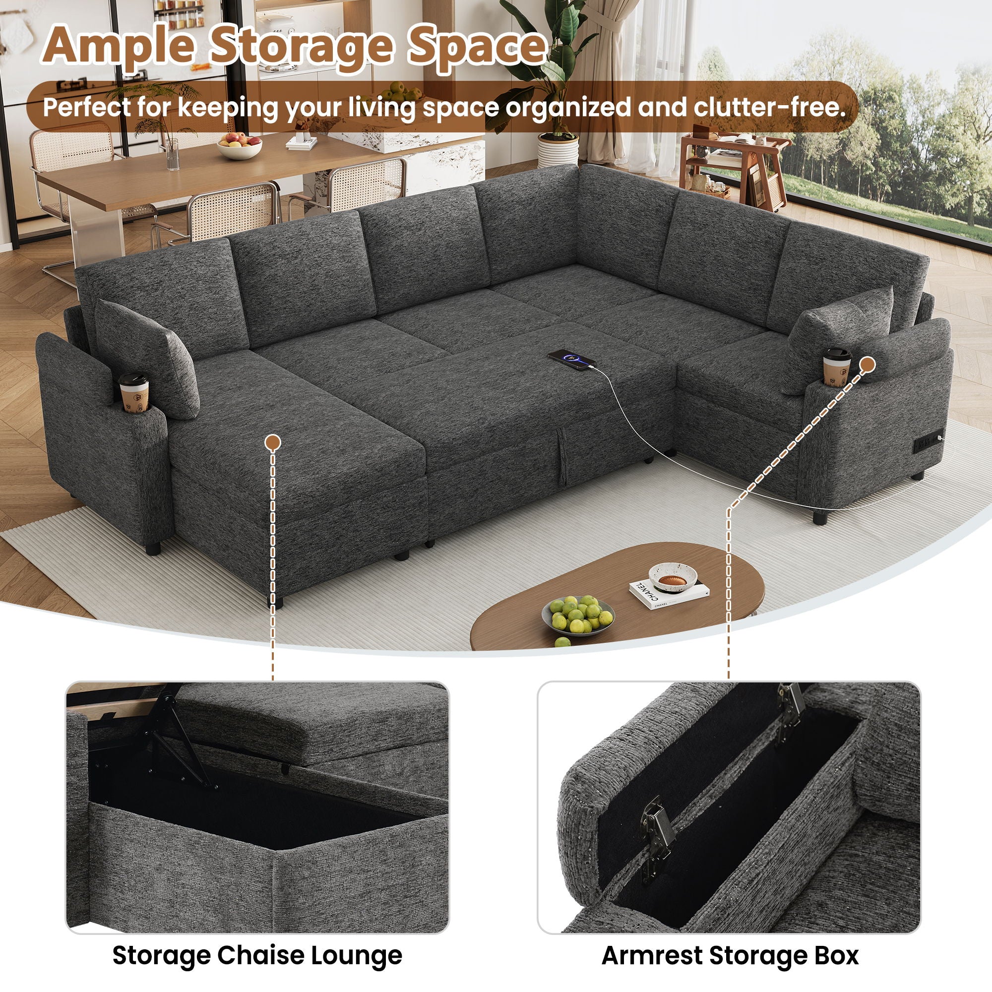 U-Shaped Sectional Sleeper Sofa With Ample Storage Space, 2 Cup Holders And Charging Ports For Living Room