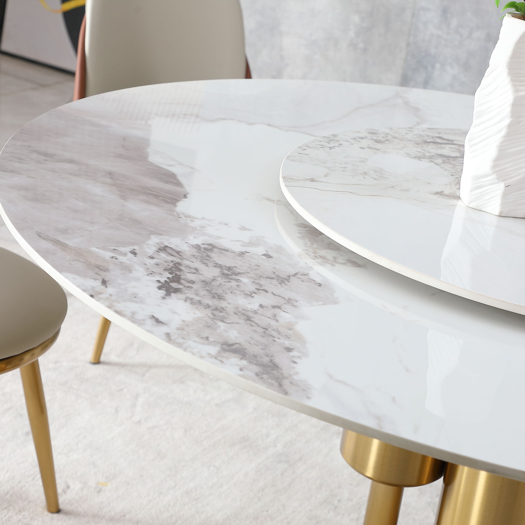 Round Sintered Stone Table, Modern Marble Dining Table (Table Only) - Gold / White