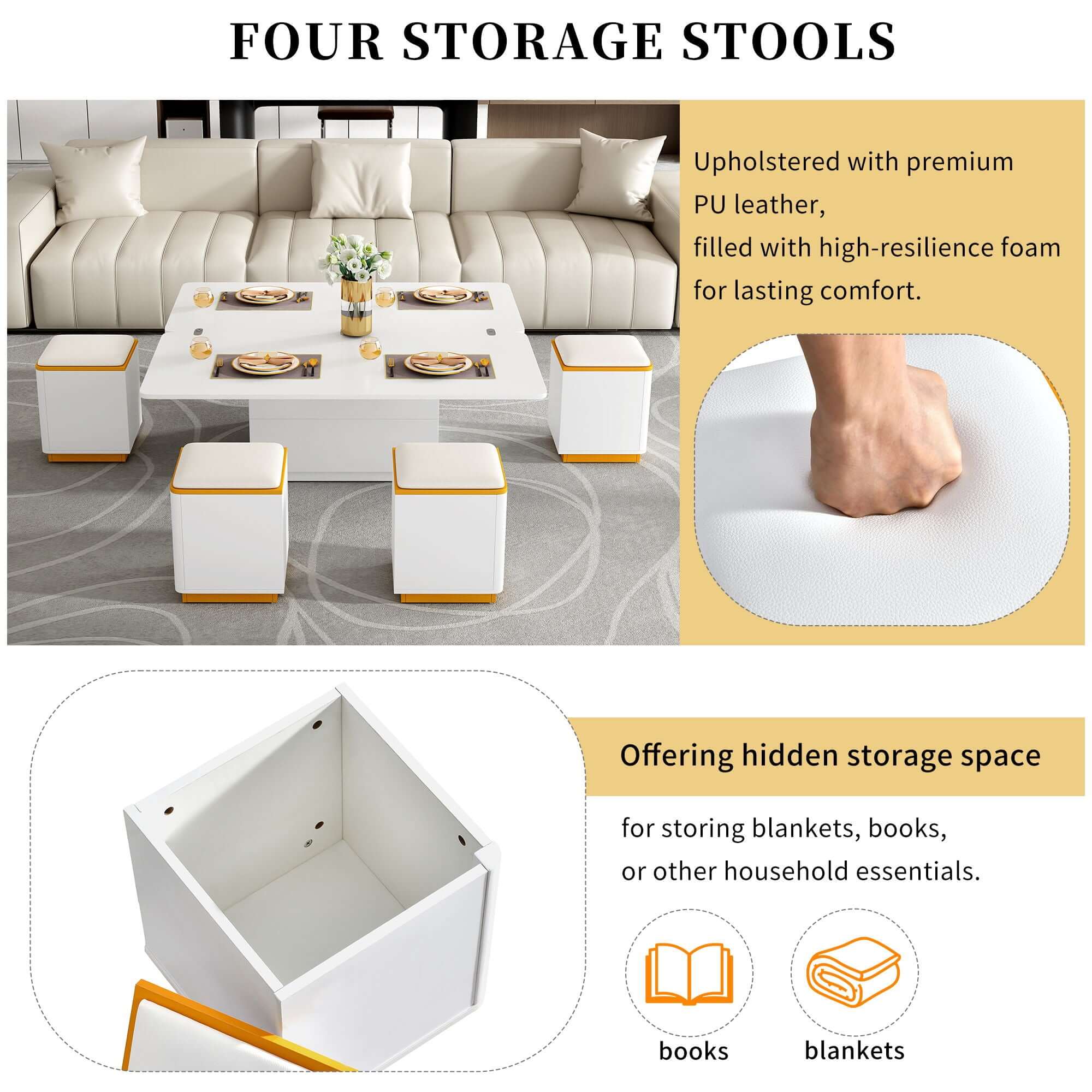 Lift Top Coffee Table With 4 Storage Stools