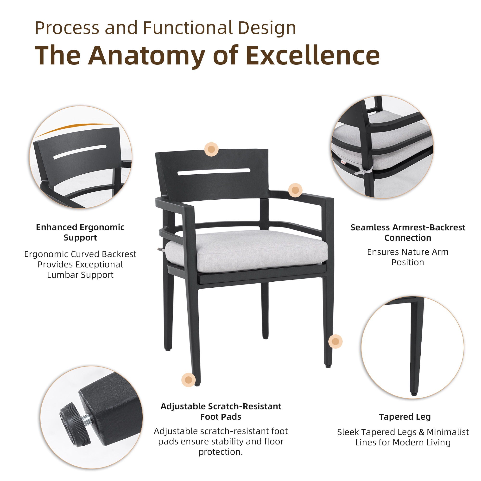 Outdoor Patio Dining Set, Squircle Dining Table, Dining Chairs With Sunbrella Cushions