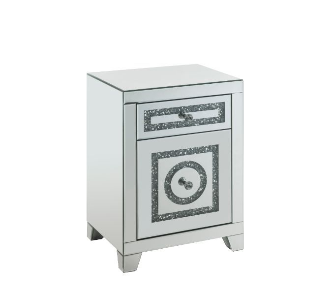 ACME Noralie - Accent Table With Storage Drawers - Mirrored & Faux Diamonds - 26" | Meri Furniture