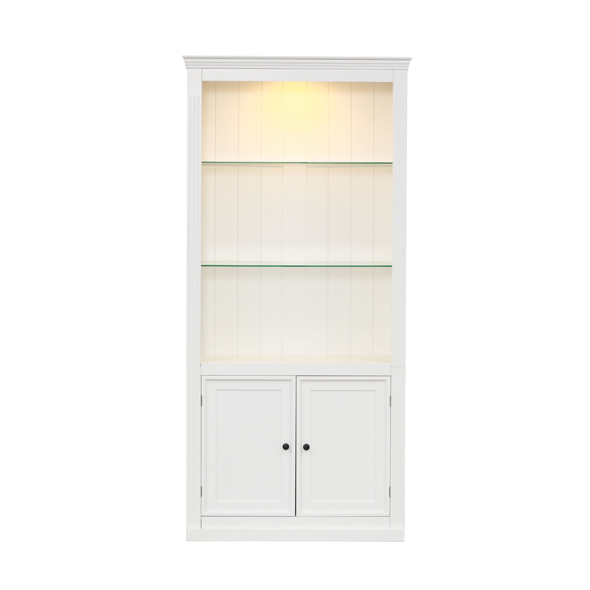 Retro Style Display Bookcase With Adjustable LED Ceiling Light And Tempered Glass Shelves - White
