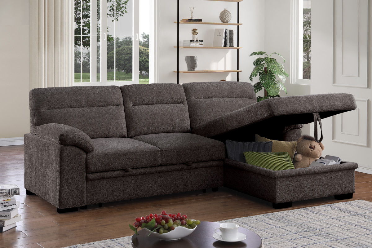 Kipling II 94"W Brown Chenille Fabric Sleeper Sectional Sofa with Right-Facing Chaise, Cupholders, USB Charging port