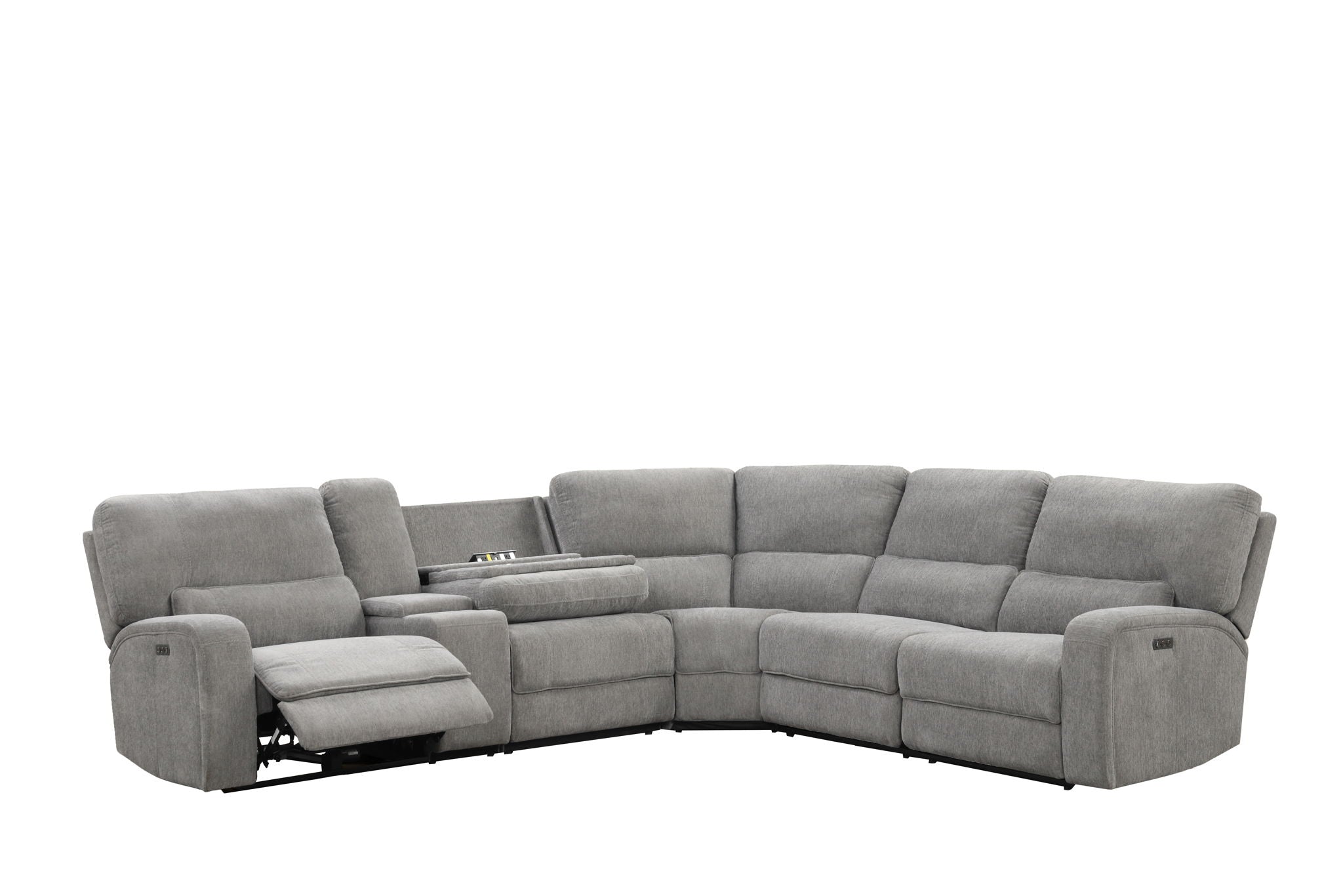 Anthony 114" Wide Light Gray Chenille Fabric Power Reclining Sectional with Power Headrest, Charging Ports, Storage, and Cupholders
