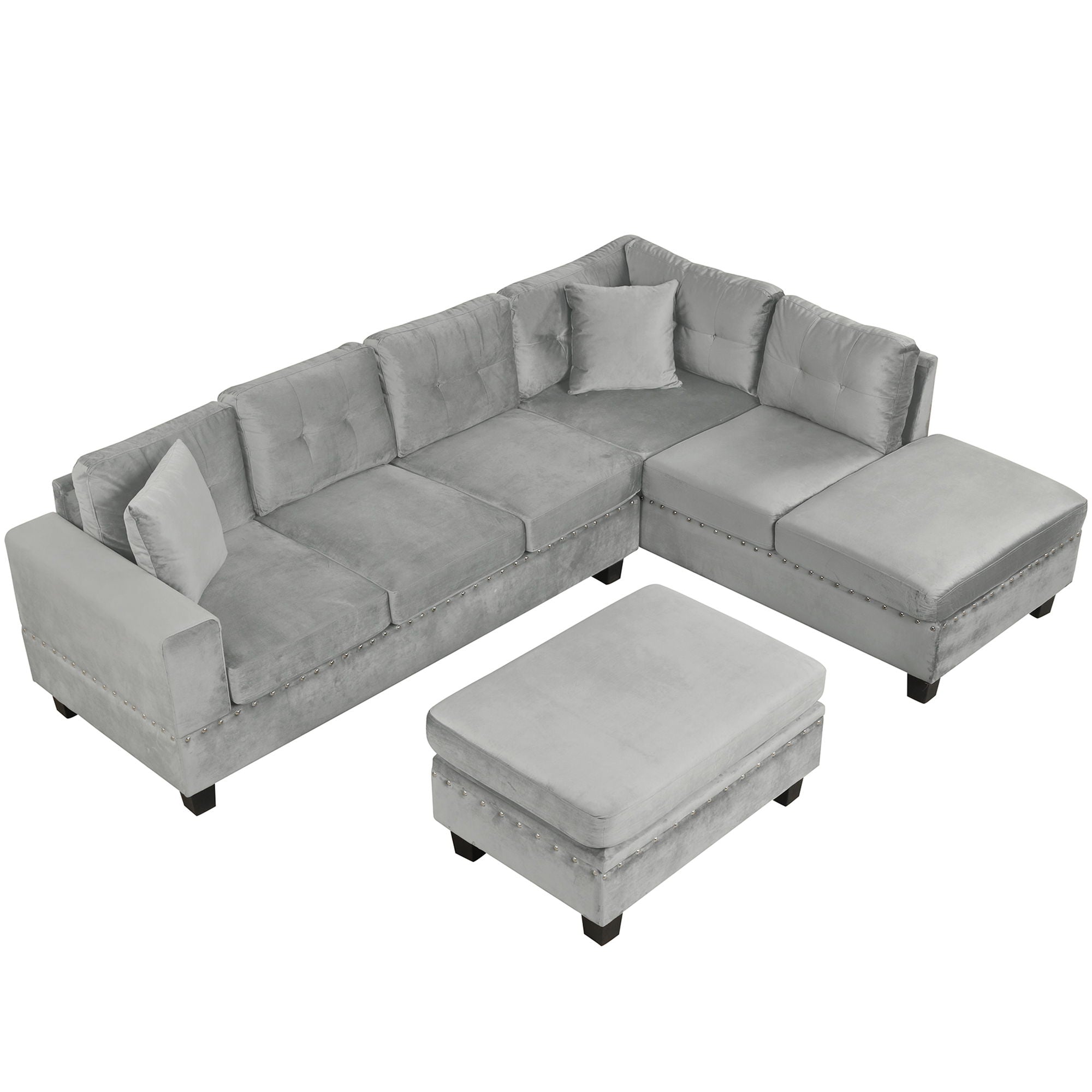 Modern Sectional Sofa With Storage Ottoman, L - Shape Couch With 2 Pillows And Cup Holders