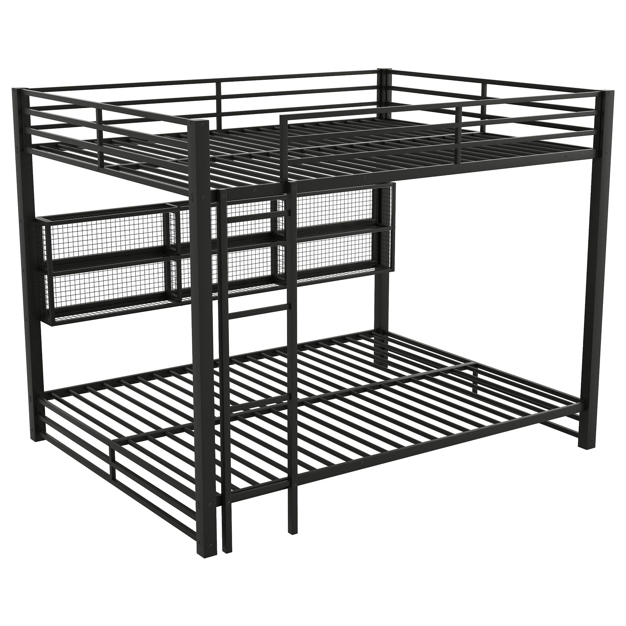 Queen Over Queen Bunk Bed With Storage Cabinets And LED Sturdy Frame, 6 Storage Units, Adjustable LED Lights - Black