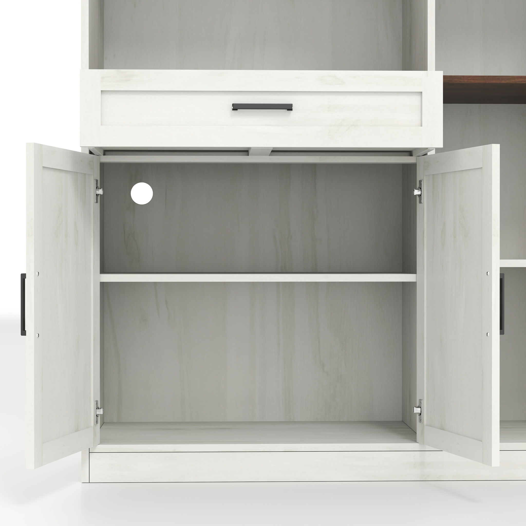 Farmhouse Kitchen Pantry Sideboard With Cabinet And Drawer, Multi Functional Kitchen Buffet With Hutch And Glass Holder, Microwave Stand With Charging Station - Brown / Antique White