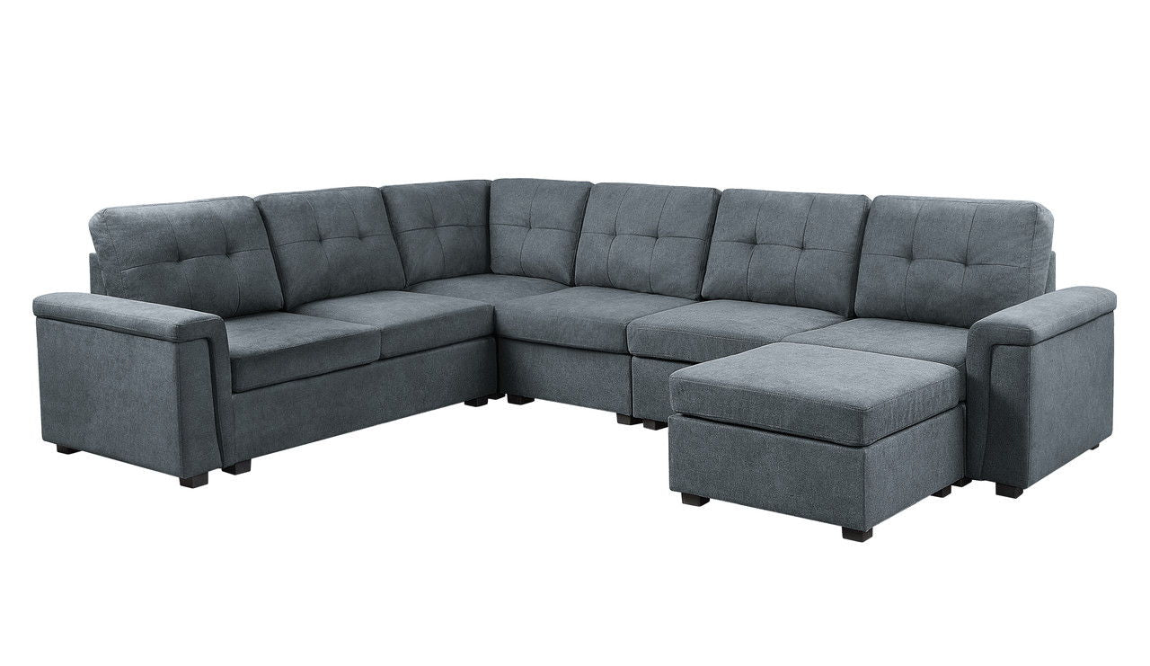 Isla 119"W Gray Woven Fabric 7-Seater Sectional Sofa with Ottoman