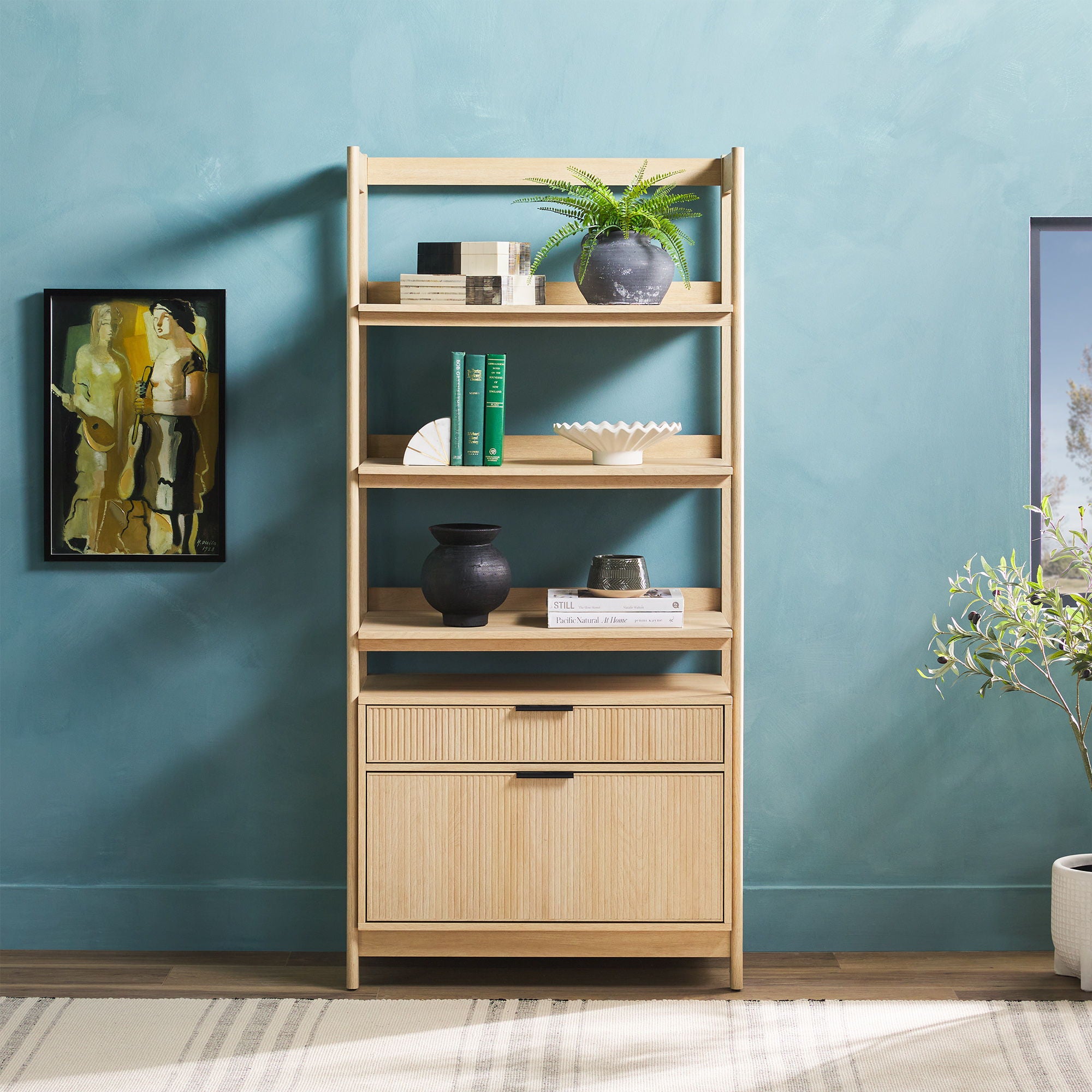 Transitional Wide Reeded Bookshelf With Drawers On Bottom