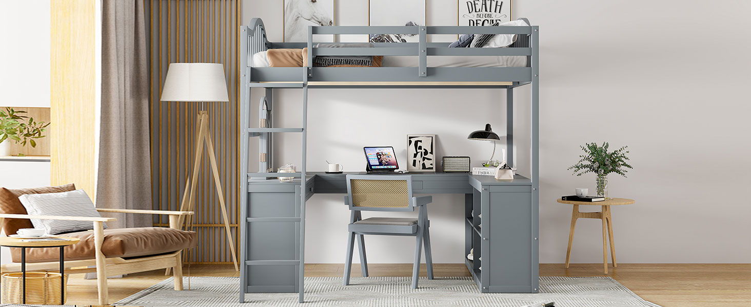 Loft Bed With Drawers, Cabinet, Shelves With Desk