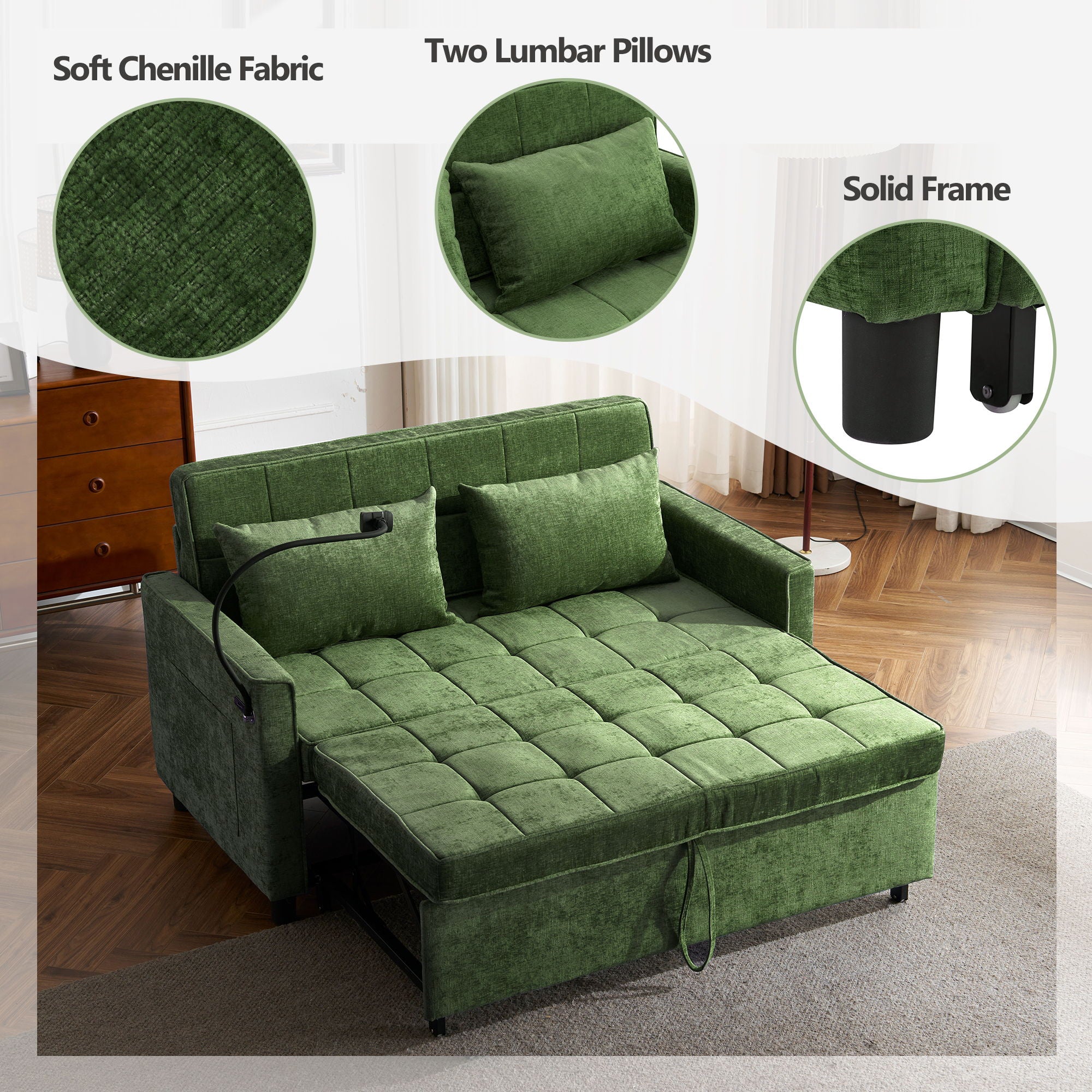 Loveseat Sofa Bed Sleeper With Reversible Backrest, Side Pockets, USB Ports, Phone Holder